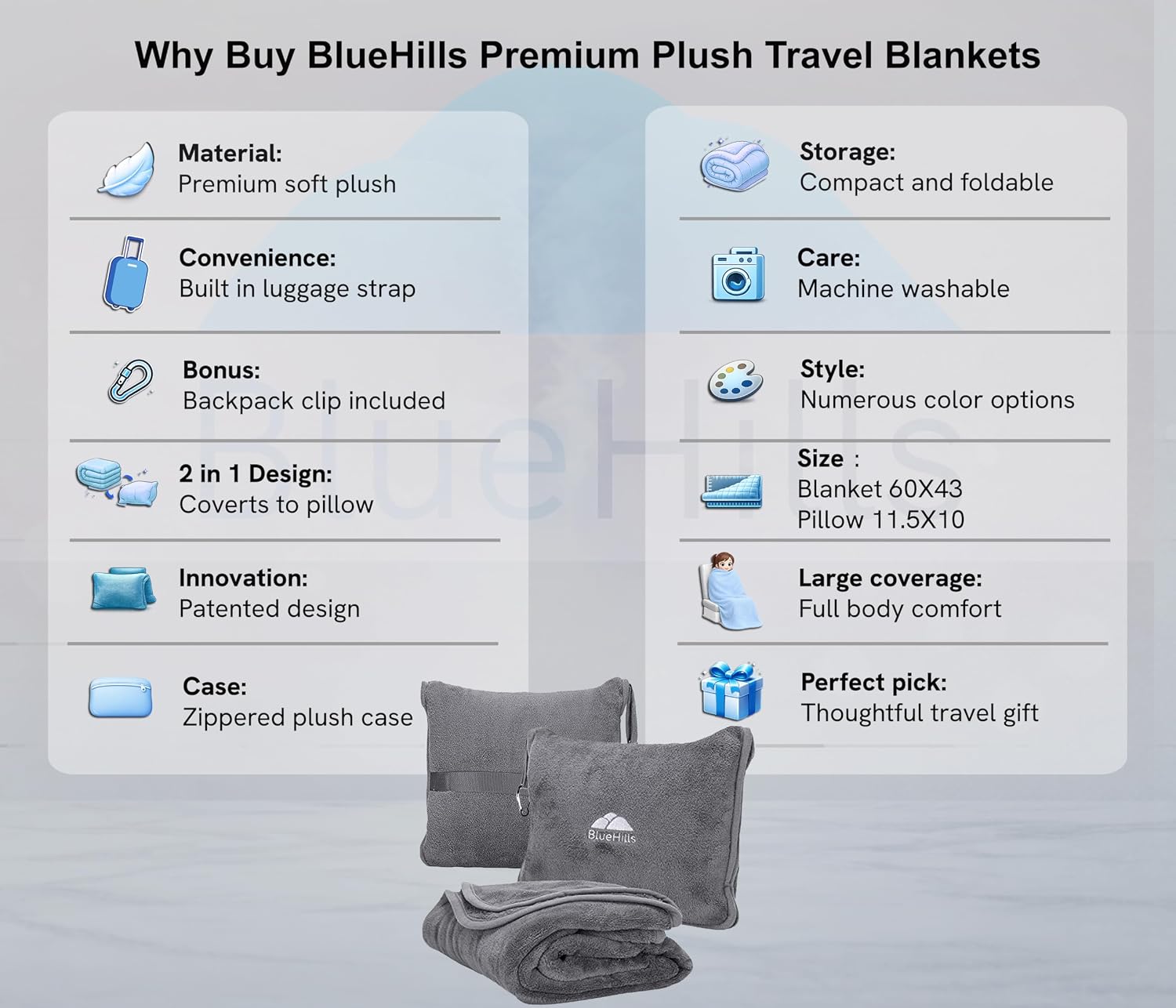 BlueHills 2-Pack Premium Soft Travel Blanket Pillow Airplane Blanket in Soft Bag Pillowcase with Hand Luggage Belt and Backpack Clip, Compact Pack Large Blankets for Any Travel (Grey Gray T013)