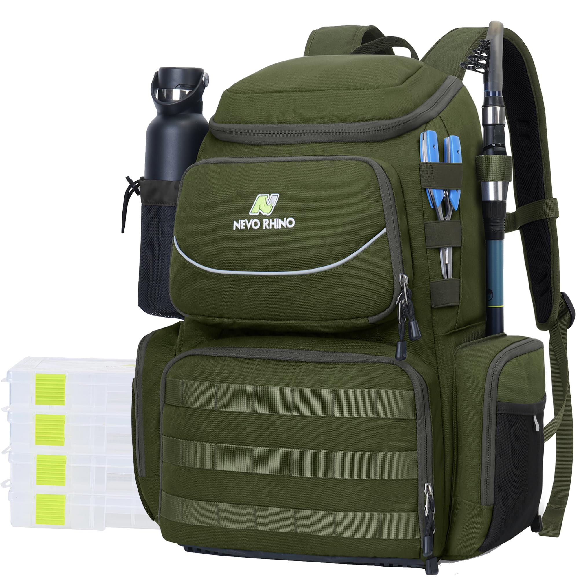 N NEVO RHINO Angelausrüstungs-Rucksack mit Rutenhaltern, 40 l, große Angeltasche mit wasserdichtem Regenschutz, Outdoor-Ausrüstungstasche