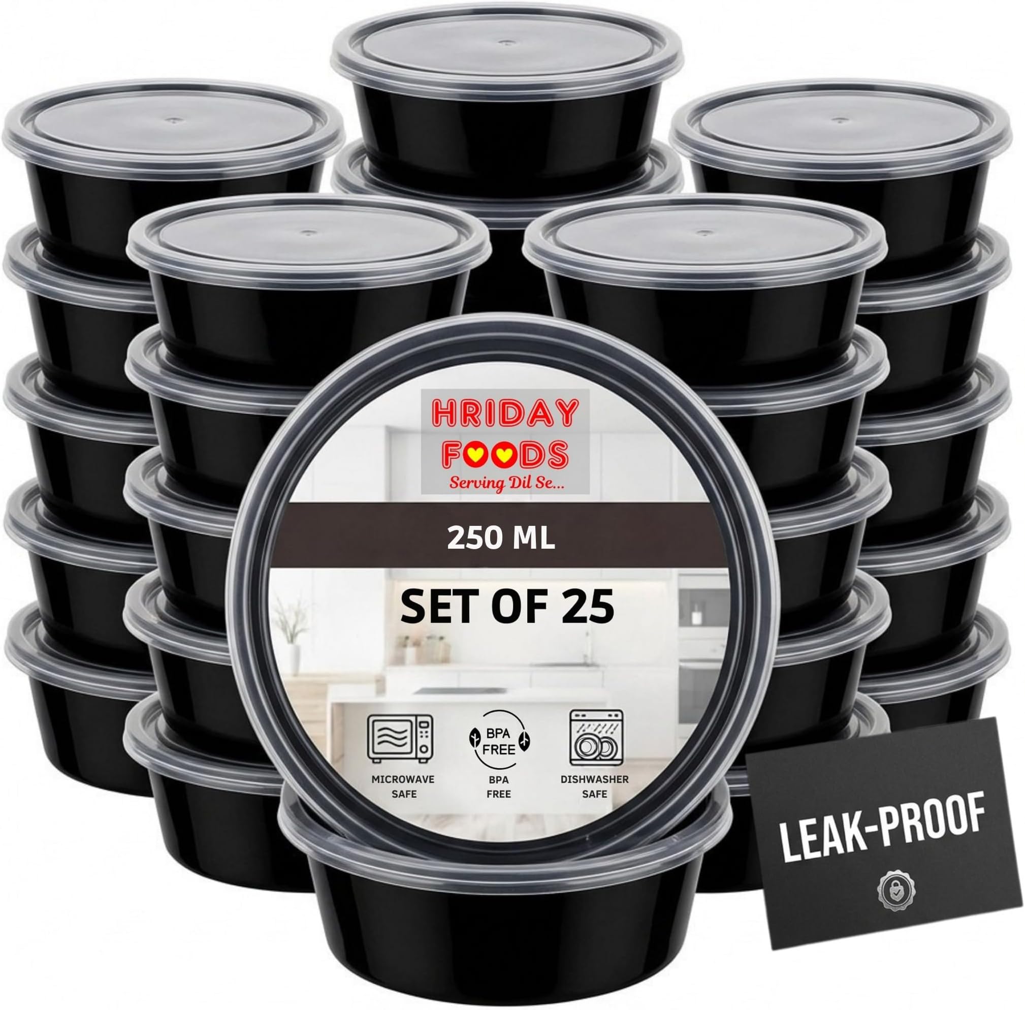 250ml Round Food Containers with Lids, Set of 25 | Airtight Reusable Plastic Containers | Microwave Safe for Meal Prep, Storage, Takeaway & Food Delivery (Black)