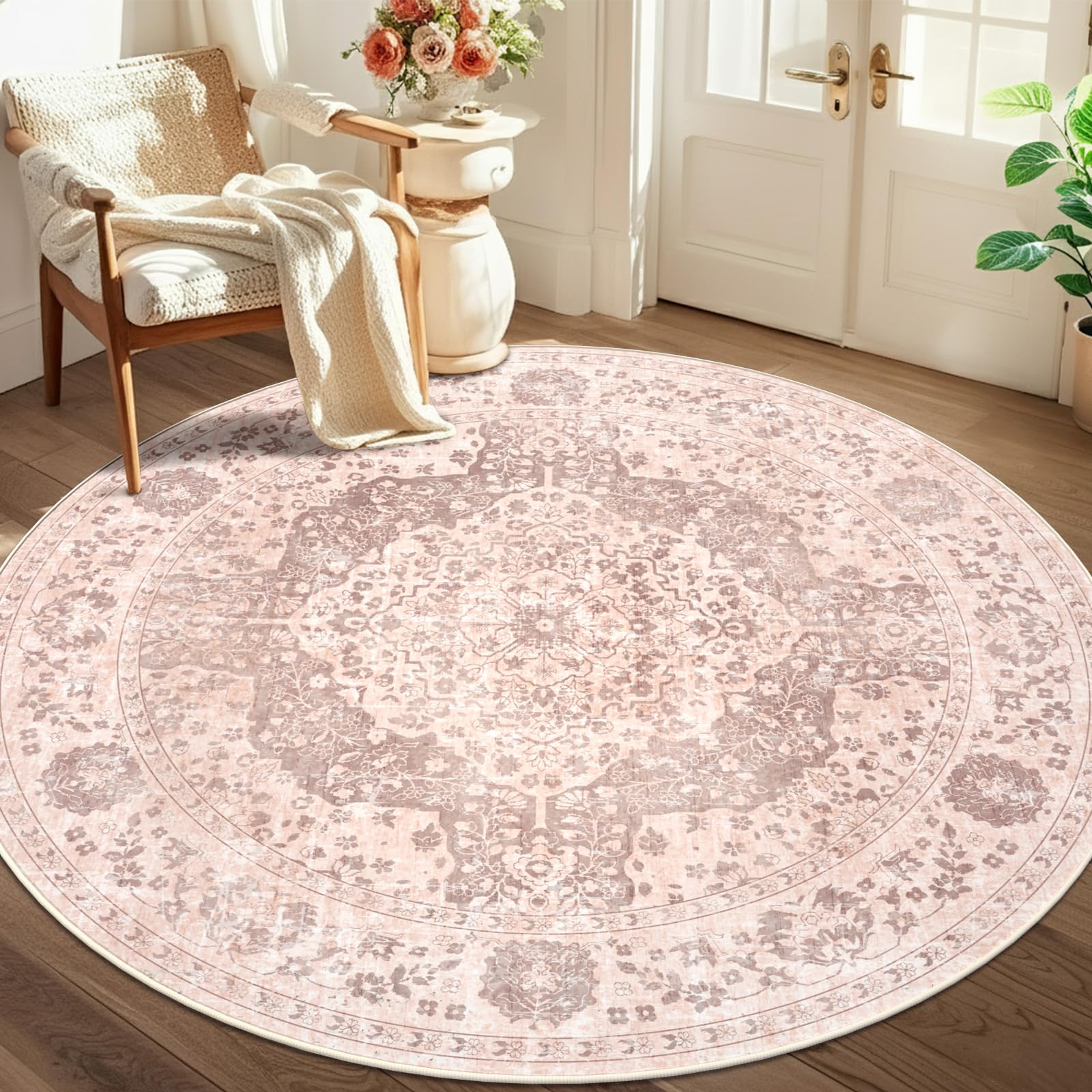 TUKDAK Vintage Round Rugs for Living Room 160cm, Pink Boho Washable Circle Area Rugs for Bedroom, Non Slip Non Shedding Soft Low Pile Classic Circular Carpet for Kids Room Kitchen Office Dining Room