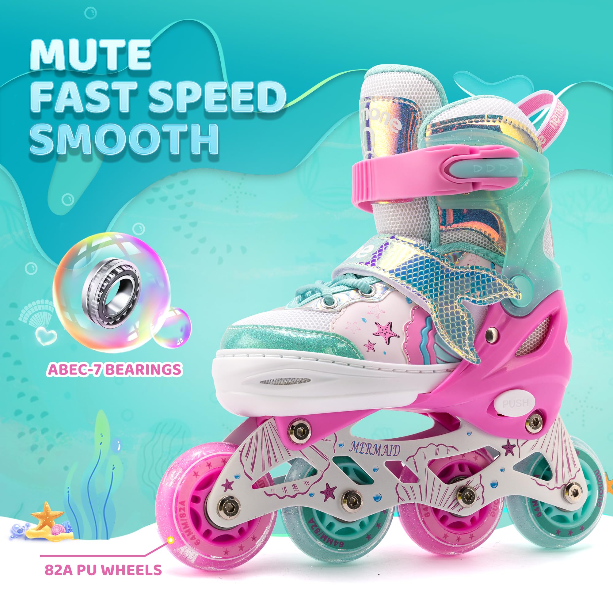 NEMONE Sirena Pattini in Linea Bambina Regolabili 8 Ruote Pattini in Linea per Bambino Bambini Regalo,Indoor Principianti Inliner Outdoor
