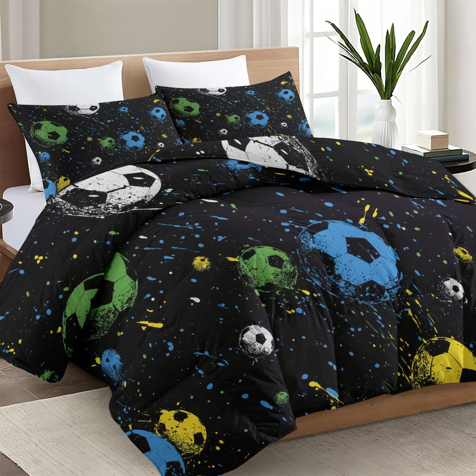 Piumino senza rivestimento sportivo con stelle di calcio, 135 x 200 cm, con federa da 80 x 80 cm, set da 3 pezzi per persone allergiche, 4 stagioni, caldo e morbido, lavabile, blu giallo