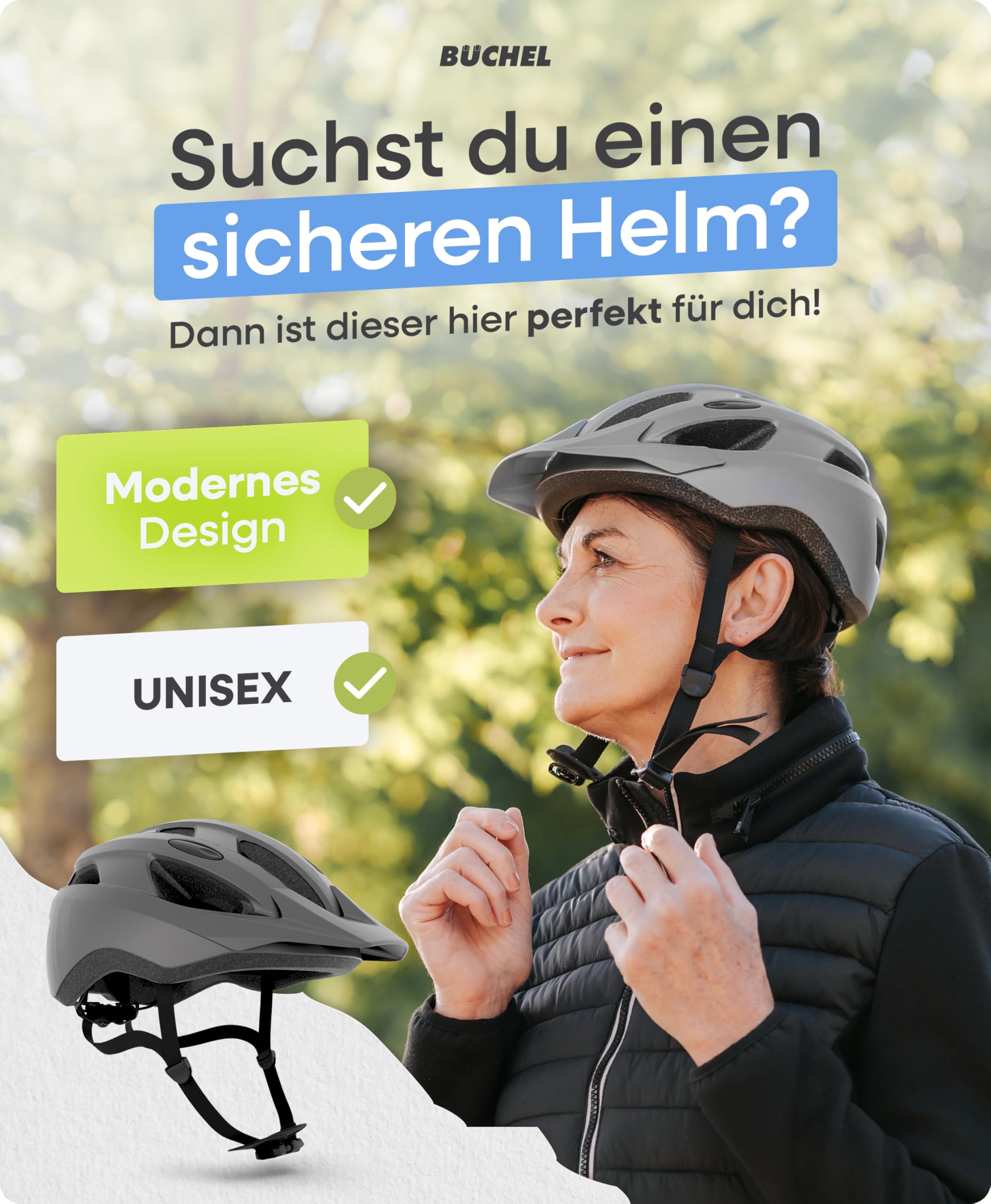 BÜCHEL Fahrradhelm mit In-Mould Technologie & Cam Lock - Helm für Kinder, Damen und Herren, mit Kinnpolsterung und waschbarem Fliegennetz - Fahrrad Helm 52–57cm & 58–61 cm | Schwarz, Weiß, Grau