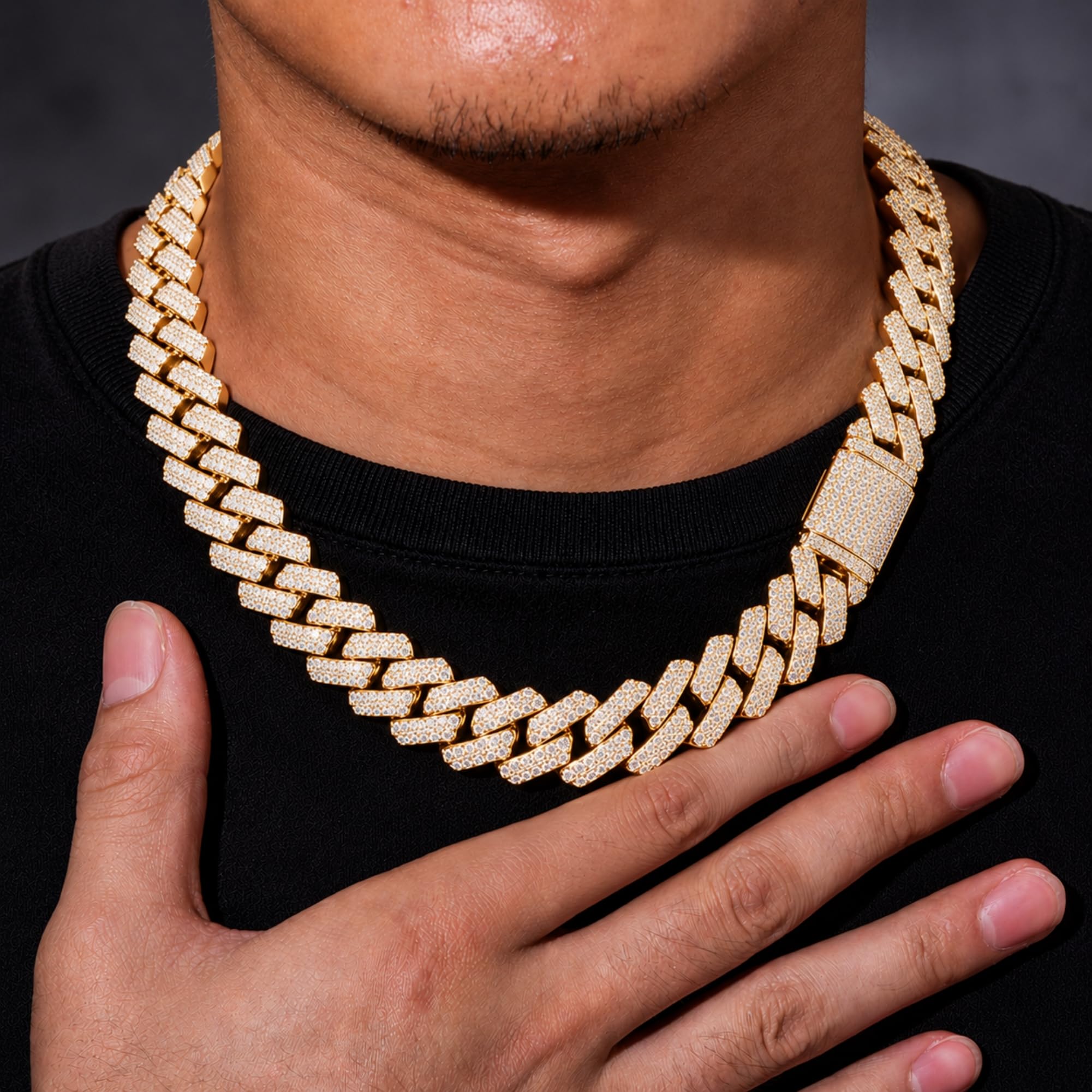 HALOKAIYA ICEDIAMOND 20MM Collana a catena cubana di Miami con diamanti a baguette di lusso pesante, gioielli hip-hop con zirconi placcati oro 14K per Rapper (22'', Gold)
