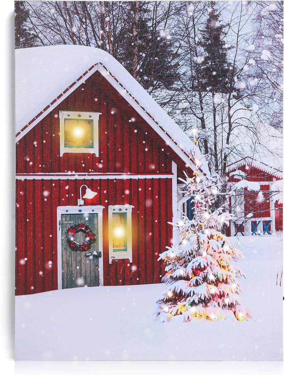 NIKKY HOME 16" x 12" Christmas LED Lighted Canvas Wall Art Prints Light Up Red Barn