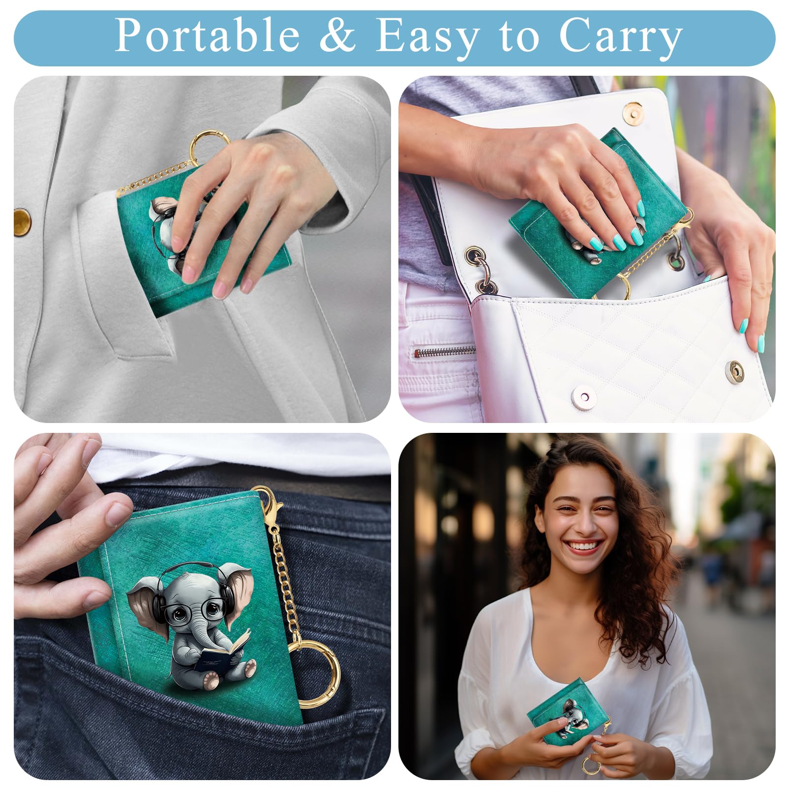 Jogjam Cartera pequeña y delgada con bloqueo RFID, cartera de piel sintética triple con llavero, mini bolsillo para dinero en efectivo con 7 ranuras para tarjetas, ventana de identificación para niñas