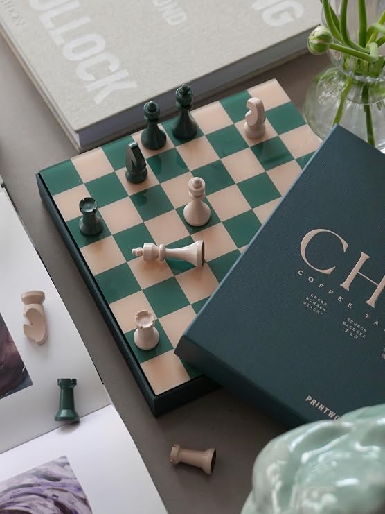 Printworks Classic Green Chess Set - Wooden Pieces with Acrylic Board - Coffee Table Game for Adults