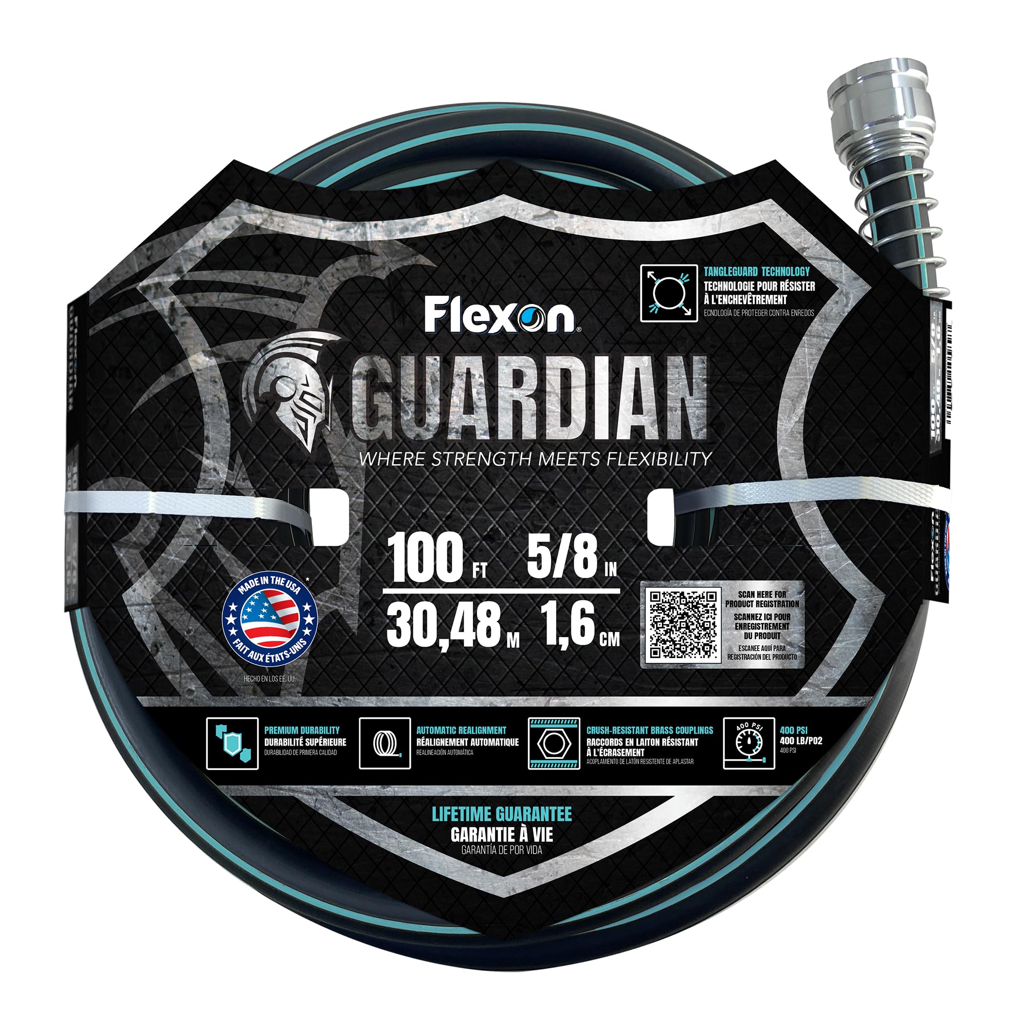 5/8" x 100 ft. Guardian Heavy Duty Kink Resistant Garden Hose with TangleGuard Technology by Flexon – 100 ft, Polyvinyl Chloride (PVC), Black, Model GRDN58100CN