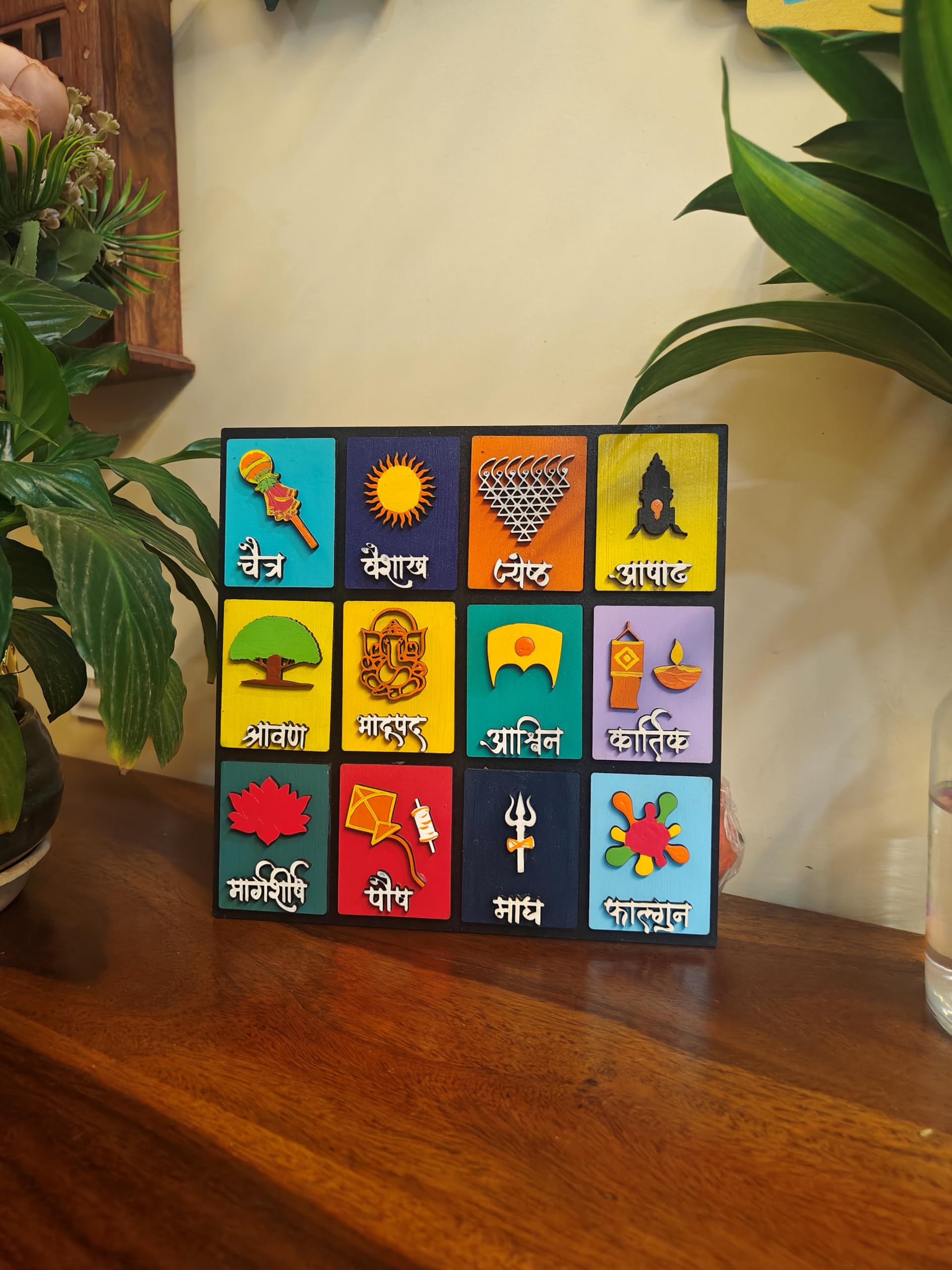 Marathi/Hindi Month Art Piece for Wall Art – 12 Hindu Months by Arnaksh Art Studio's | 3 Layers Design With Traditional Festival Symbols | Colorful Cultural Decor for Home, Office, Pooja Room (8 x 8 inch) | Handmade-image-42