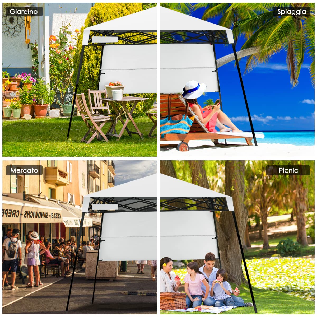 COSTWAY Gazebo Pieghevole da Giardino 210 x 210CM, Struttura in Acciaio, Altezza Regolabile, Gazebo da Esterno con Borsa, Ideale per Feste, Barbecue, Giardino e Spiaggia (bianco)