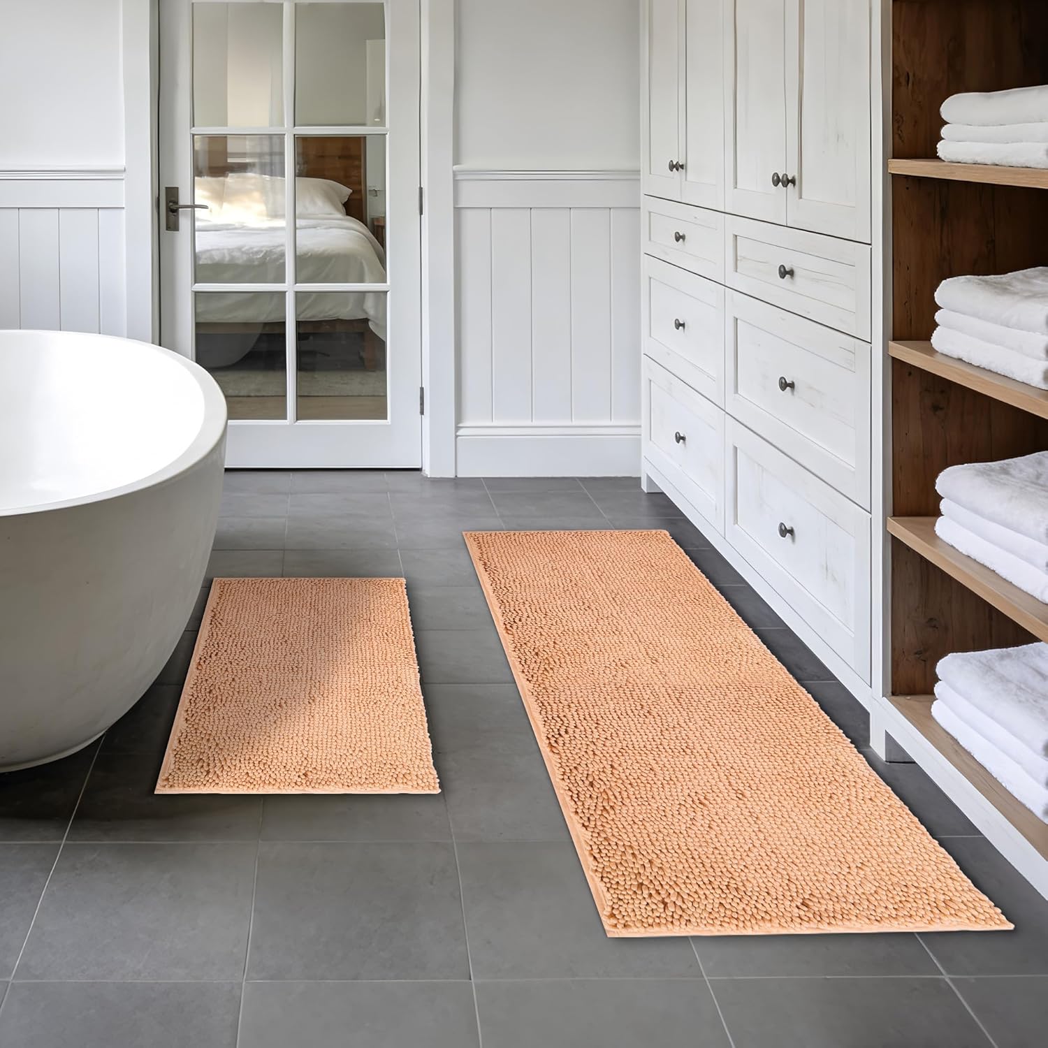 Bathroom Rug and Mat Set, 2 Piece Non-Slip Floor Mats, Washable Bath Mat and Bathroom Runner Rug Sets for Bathtub Floor (47x20+17x24 Inch, Beige)