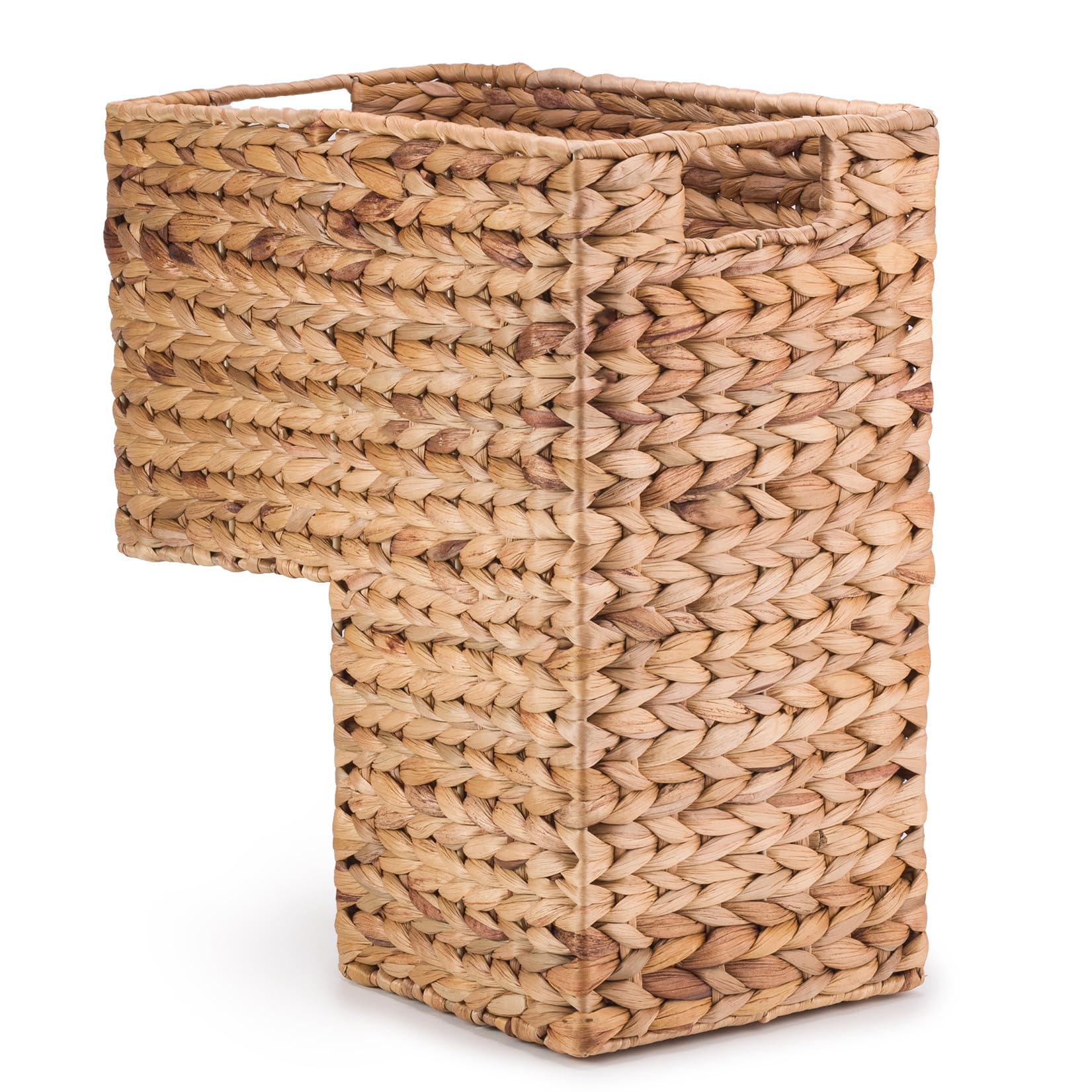 Woodluv Water Hyacinth Step Basket - Natural L-Shape Woven Water Hyacinth Large Step Basket With Inset Handles, For Stairs, Storage Organiser For Laundry, Accessories, Tidy Basket Bin For Toys, Household Items, Natural, 38 X 20 X 40 Cm