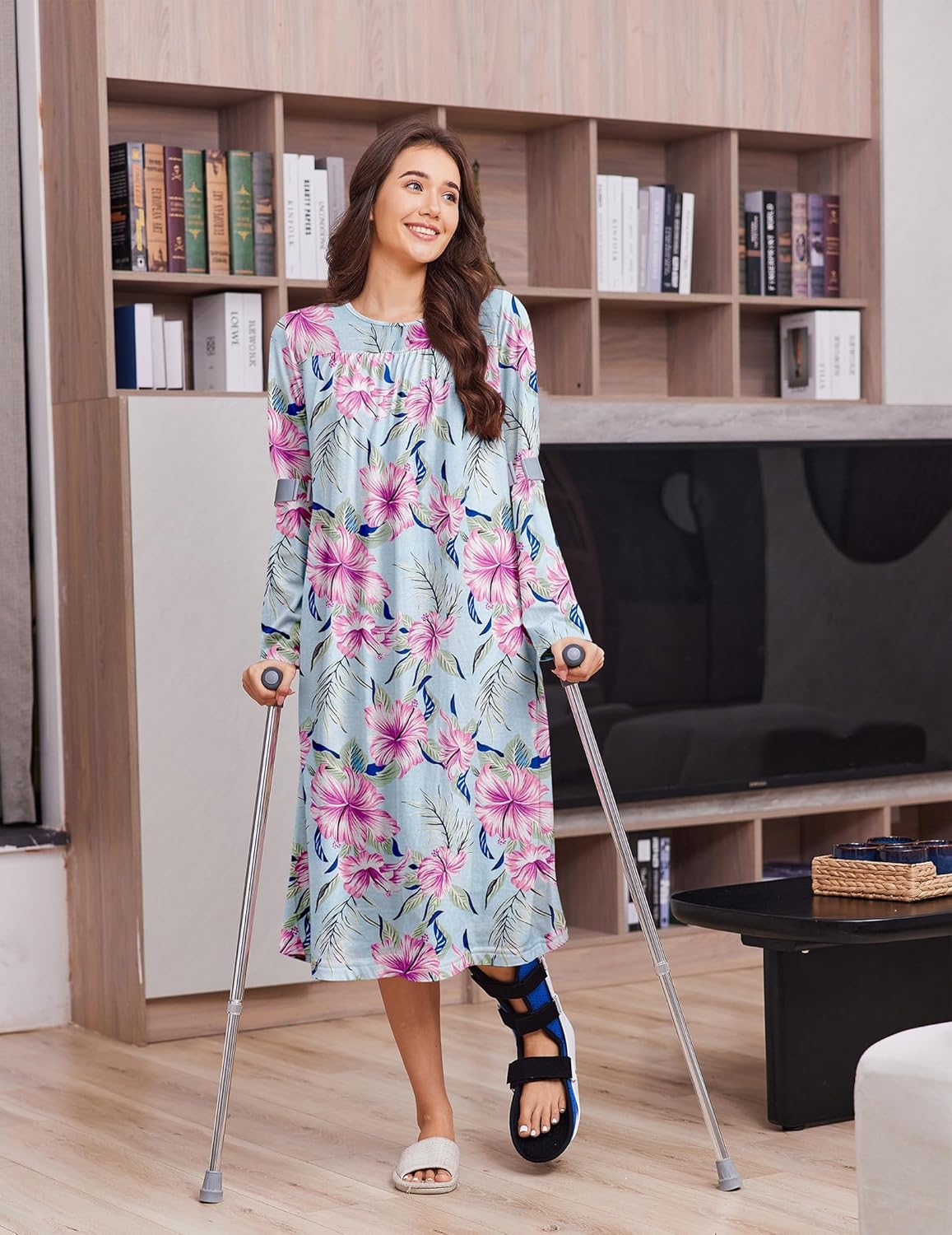 Deyeek Hospital Gowns for Women Tear Away Snap Open Back Dress Long Sleeve Post Surgery Adaptive Nightgown with Pockets - Image 5