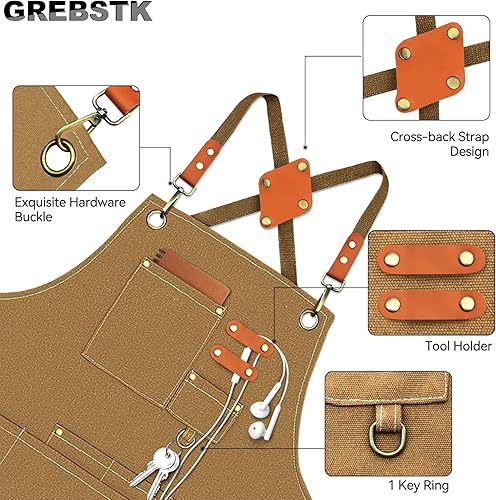 Miniatura 3 de GREBSTK Delantal de trabajo de lona Delantal de herramientas ajustable con espalda cruzada para carpintería, jardinería