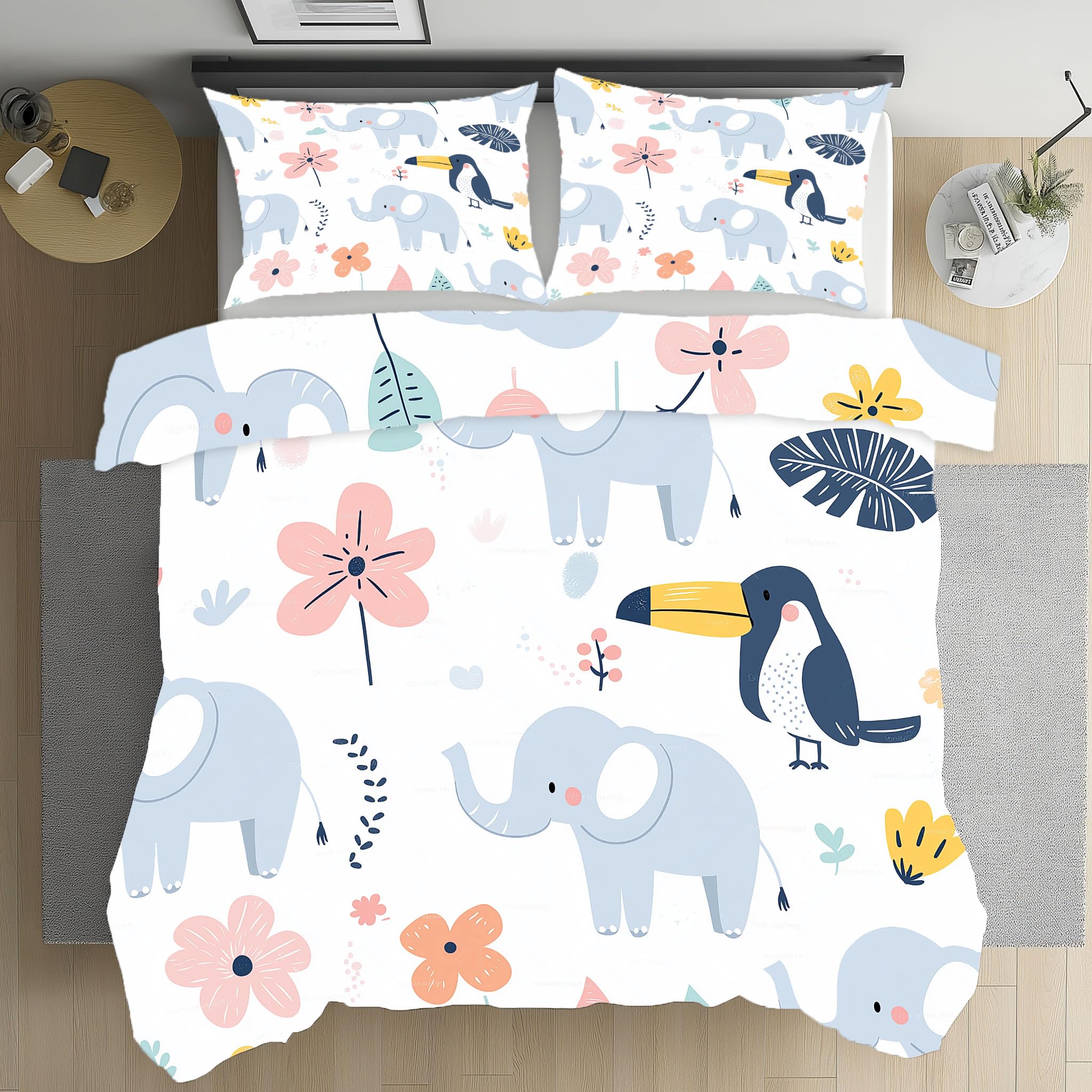 Parure de lit 220x240 éléphant toucan en microfibres avec 2 taies d'oreillers
