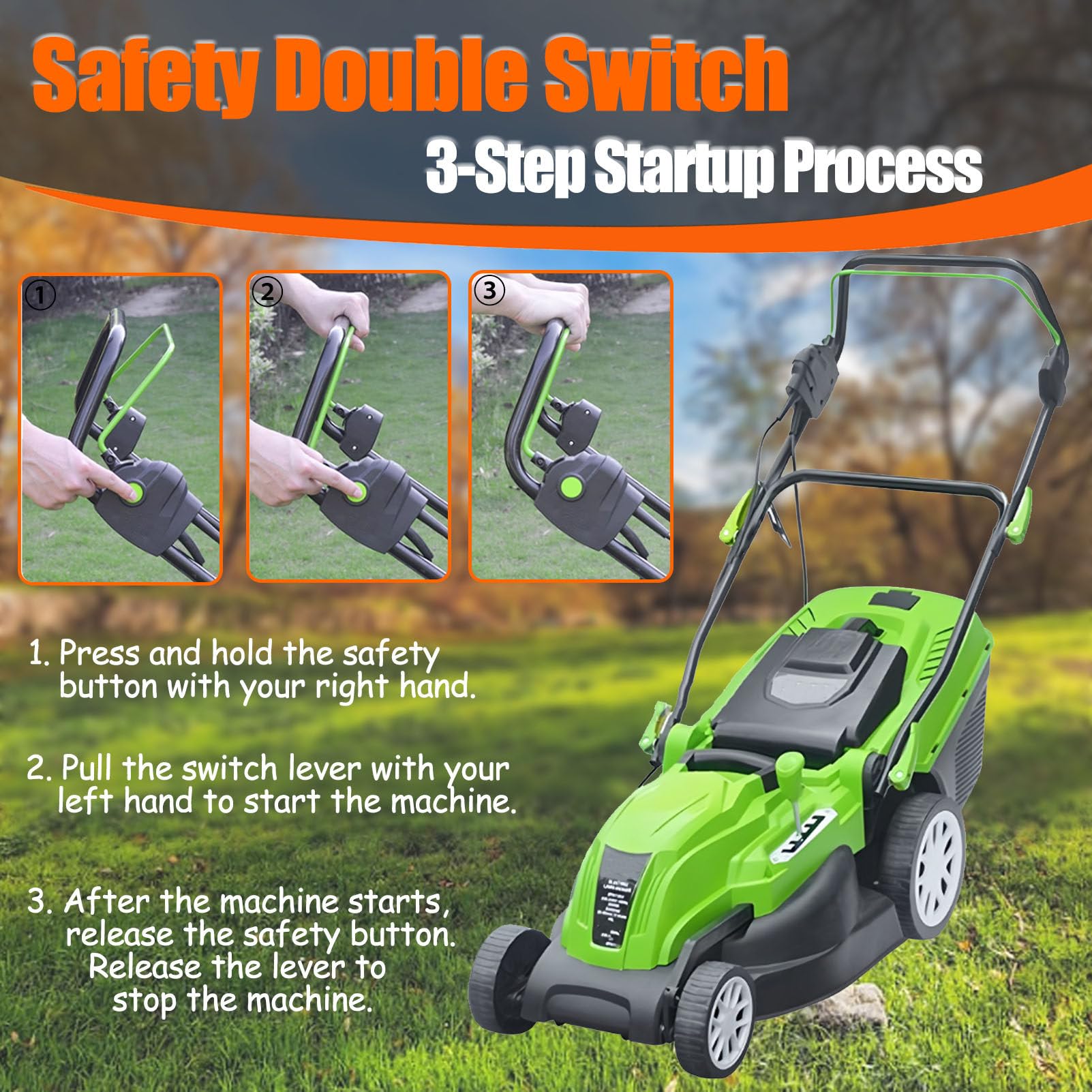 CortacéSped Manual, Escarificador EléCtrico con Cable, con Bolsa De Recogida De 45 litros, Ajuste De Profundidad En 5 Posiciones, para CéSped, JardíN Y Patio 2100W/32CM-Cord0M