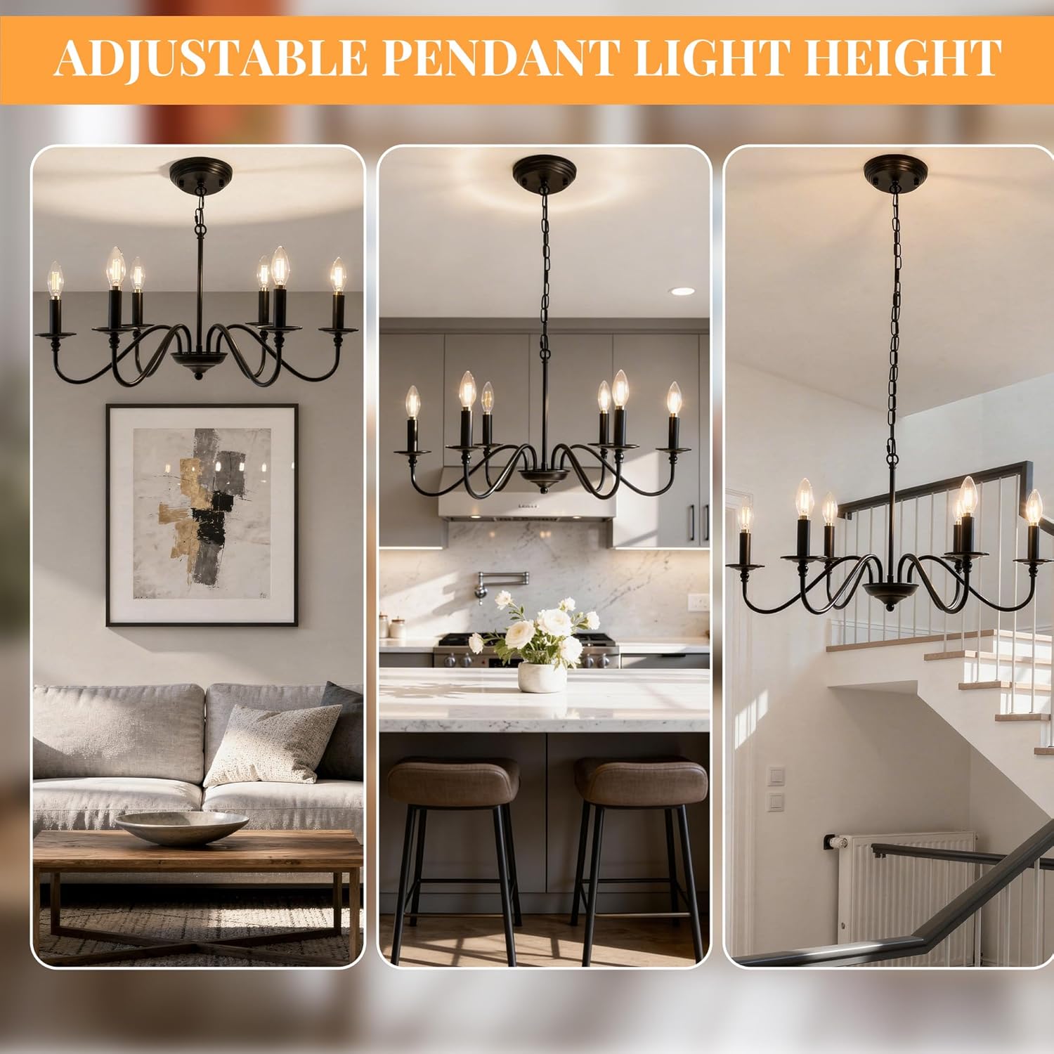 Farmhouse Chandelier, Industrial Black Ceiling Light Fixture with Rustic Iron 6-Light Fixture, Adjustable Hanging Height, E12 Base for Kitchen Island, Dining Room, Living Room, Entryway