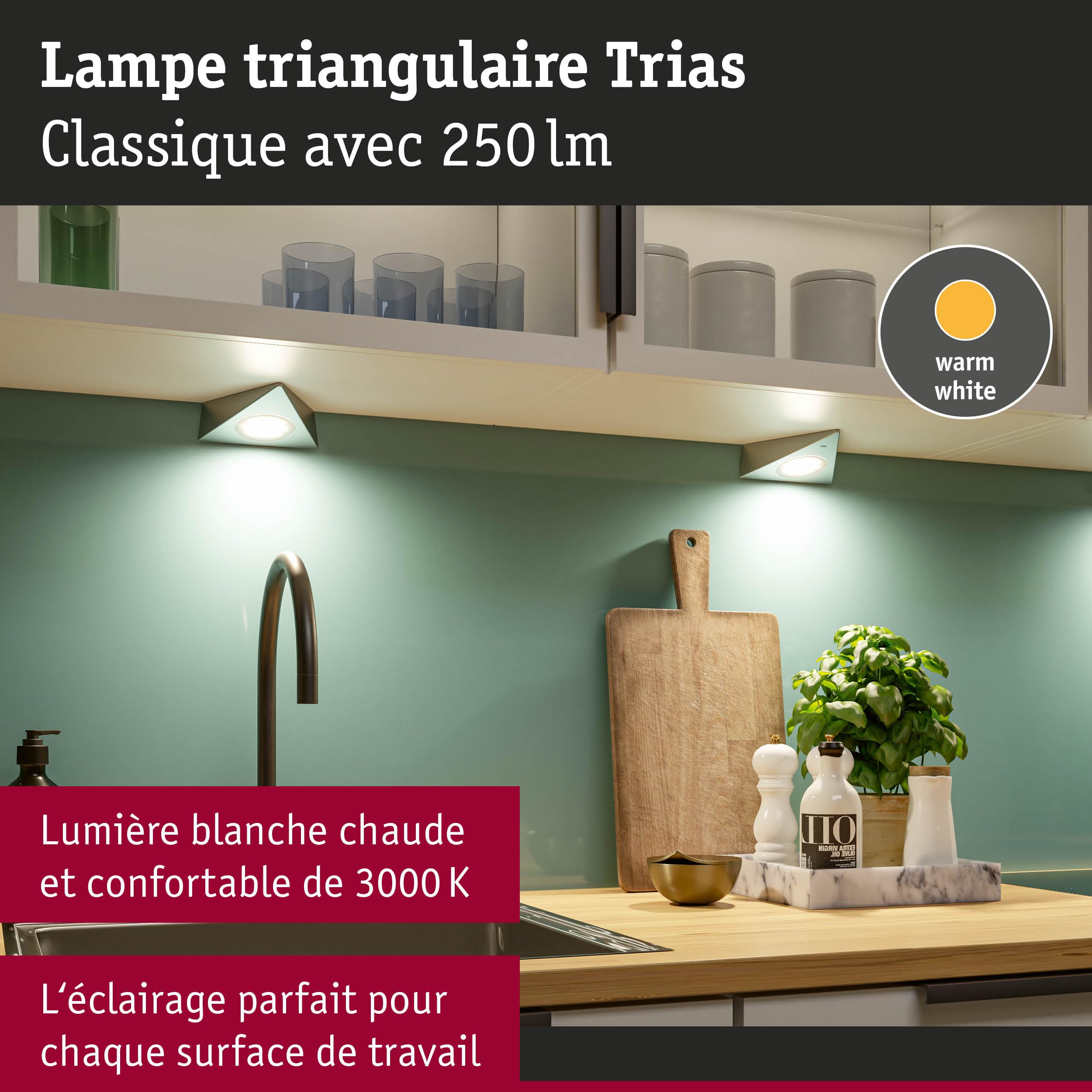 Paulmann 92125 LED sous-meubles Trias avec capteur de proximité kit de 3 3000 K 2,7W 135x132 mm 185lm Acier brossé luminaire en saillie pour meuble