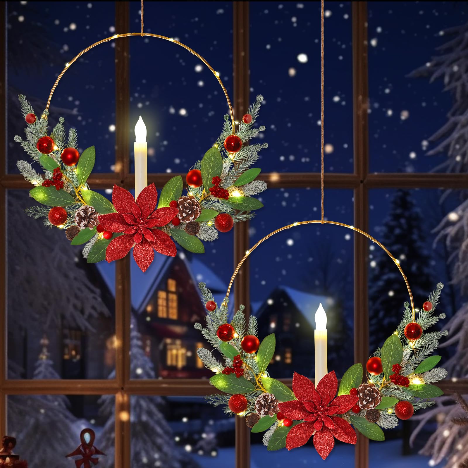 Betylifoy Weihnachtskranz für Haustür, 40,6 cm, roter Weihnachtskranz mit LED-Kerzenlichtern, Weihnachtskränze für Haustür, Fenster, Kamin, Weihnachtsdekoration, Rot, 2 Stück