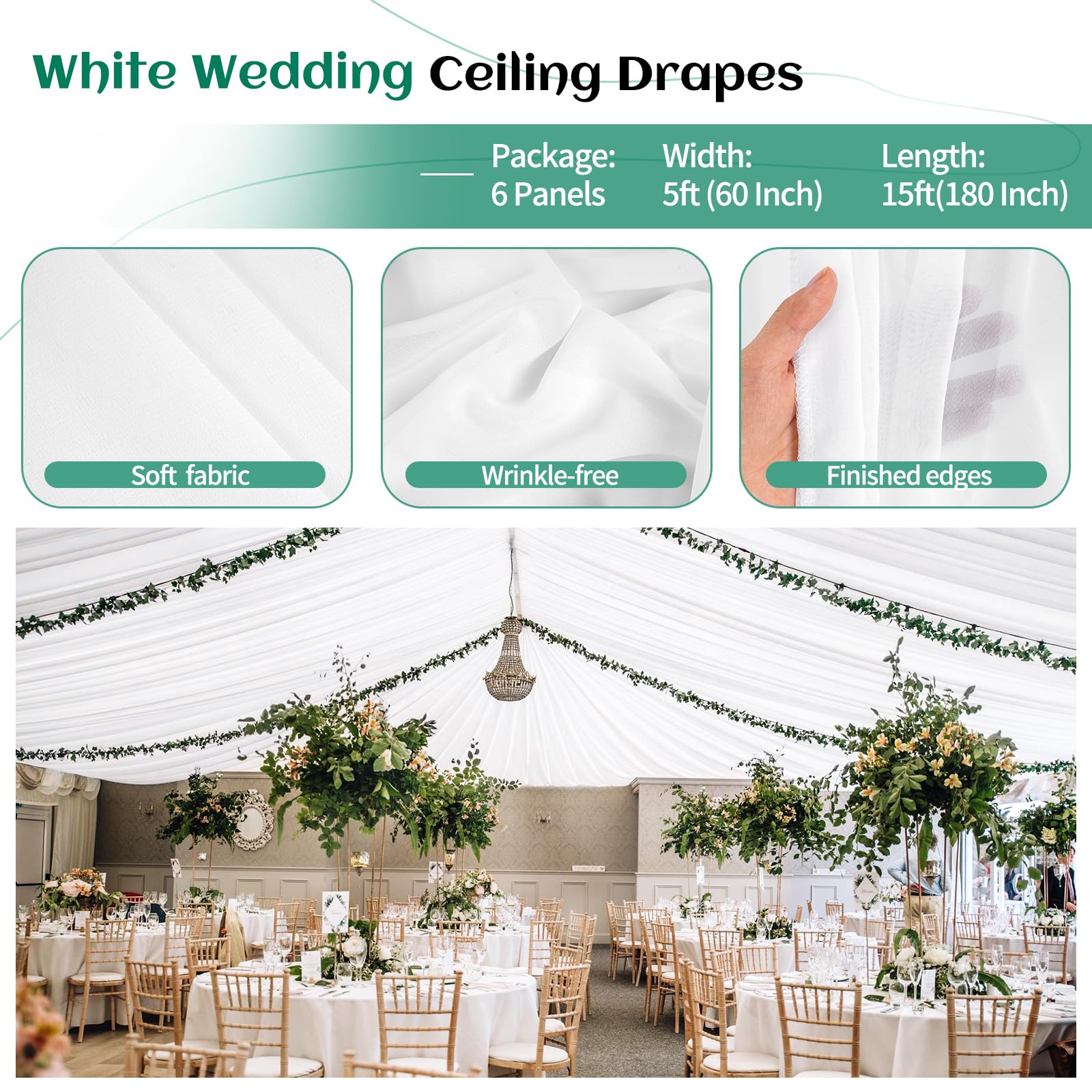 Lot de 6 rideaux de plafond en mousseline de soie transparente pour mariage, plafond, fête, cérémonie, scène, 1,5 x 4,6 m, blanc