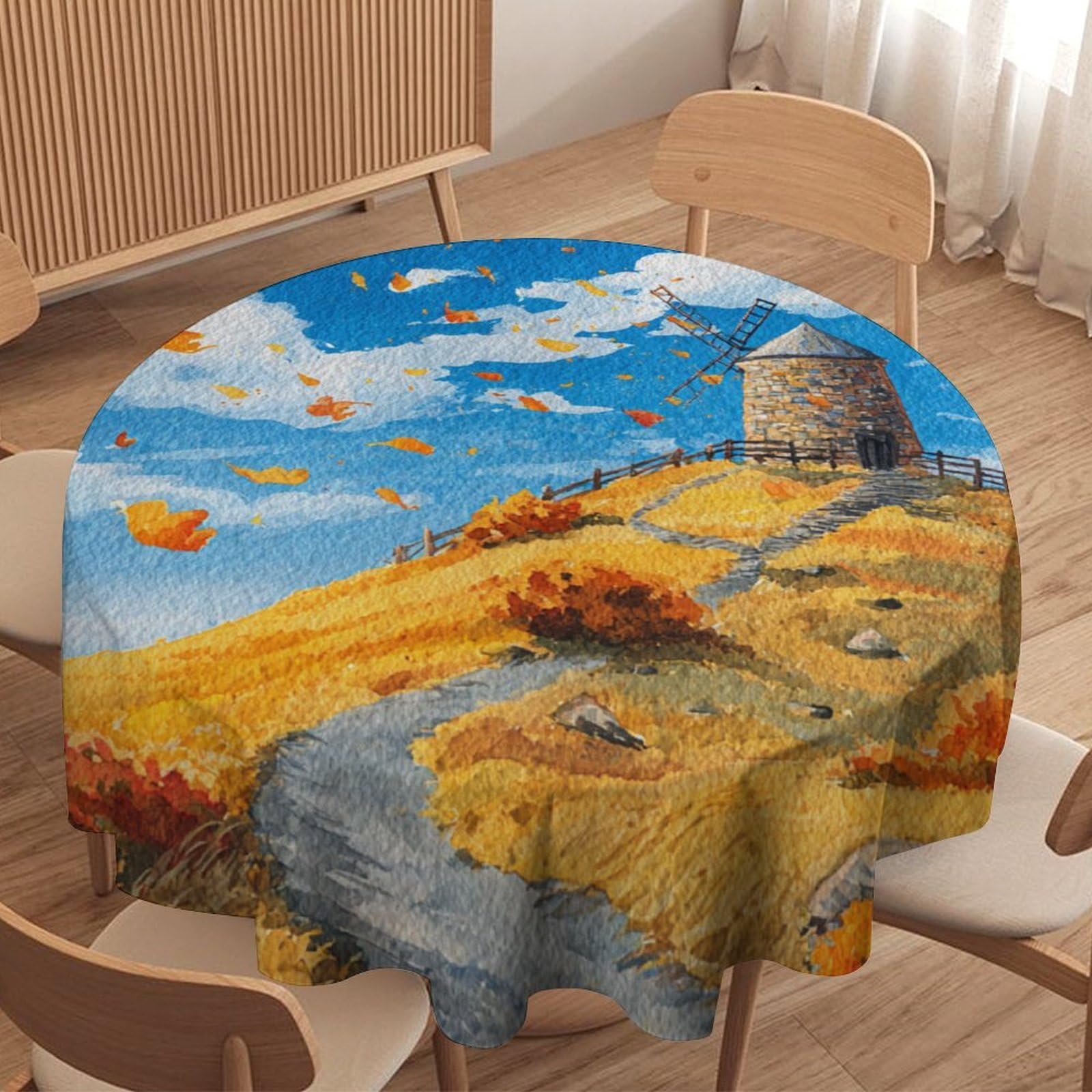 LUYYSKY Rustic Western Fall Windmill Waterproof Round Tablecloth Colorful Oil Painting Farmhouse Barn Autumn Leaves Pattern Washable Table Cover for Kitchen-91.4" Wx91.4 L cm
