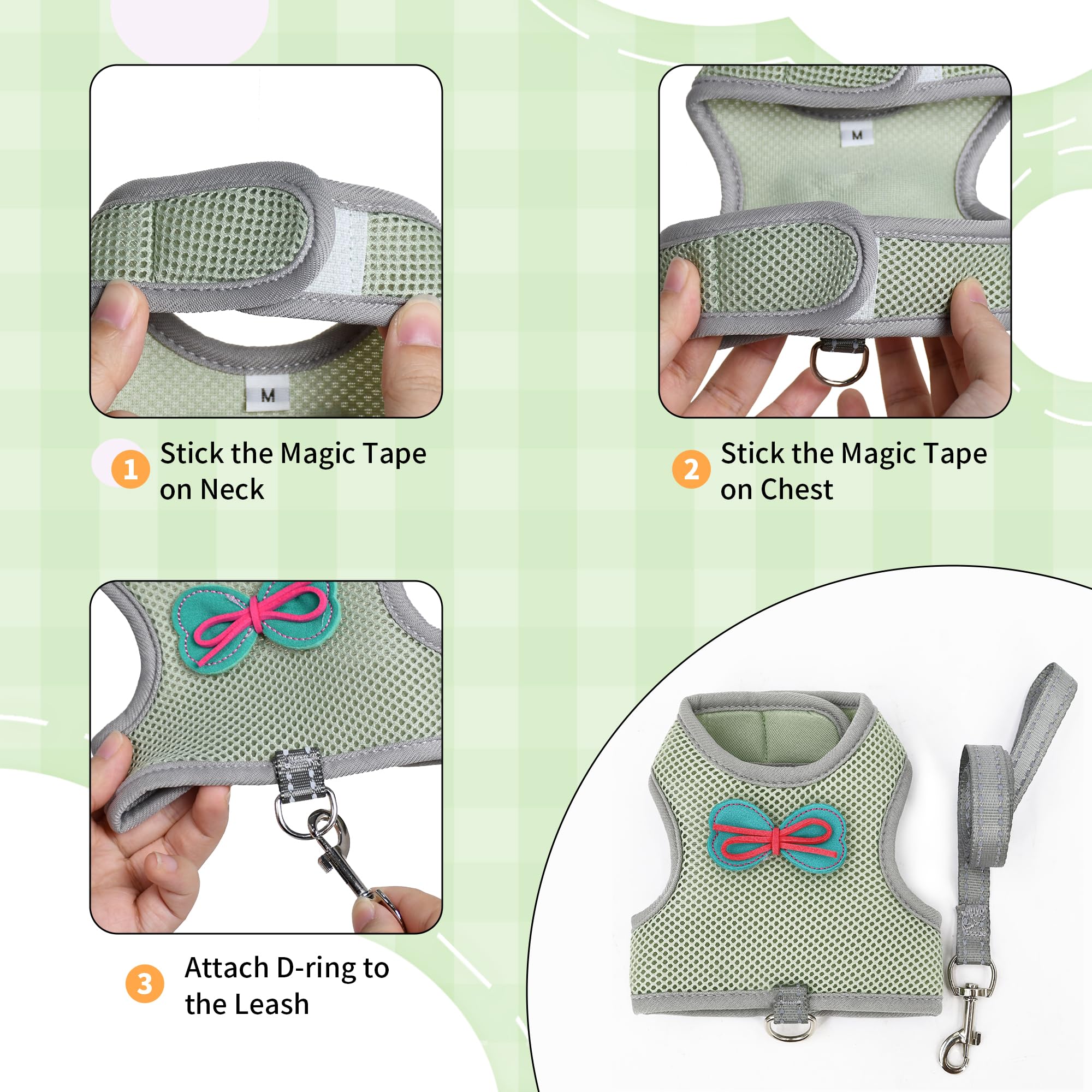 AIITLE Ensemble harnais et laisse pour lapin avec nœud mignon, harnais réglable anti-fugue pour lapins, chatons, furets, chiots et petits animaux de compagnie, pour promenade, randonnée, camping,