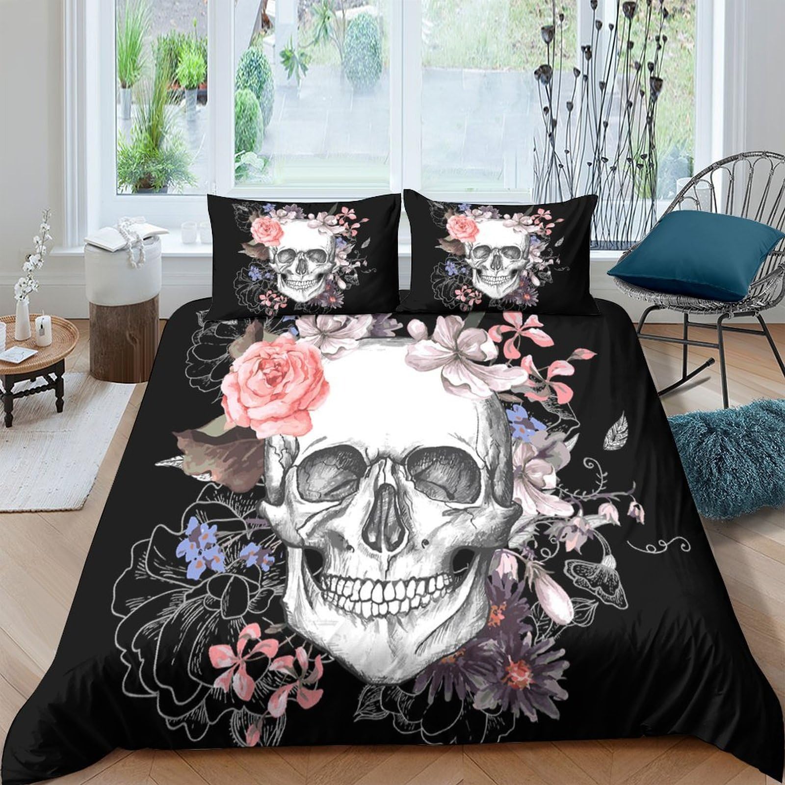 Ctjqhvkz Style-2 3D Printed Skull Floral Fitted Sheet Microfiber Black Artistic Bed Sheet For Bedroom Guest Room Mattress Decor Single（135X200cm）