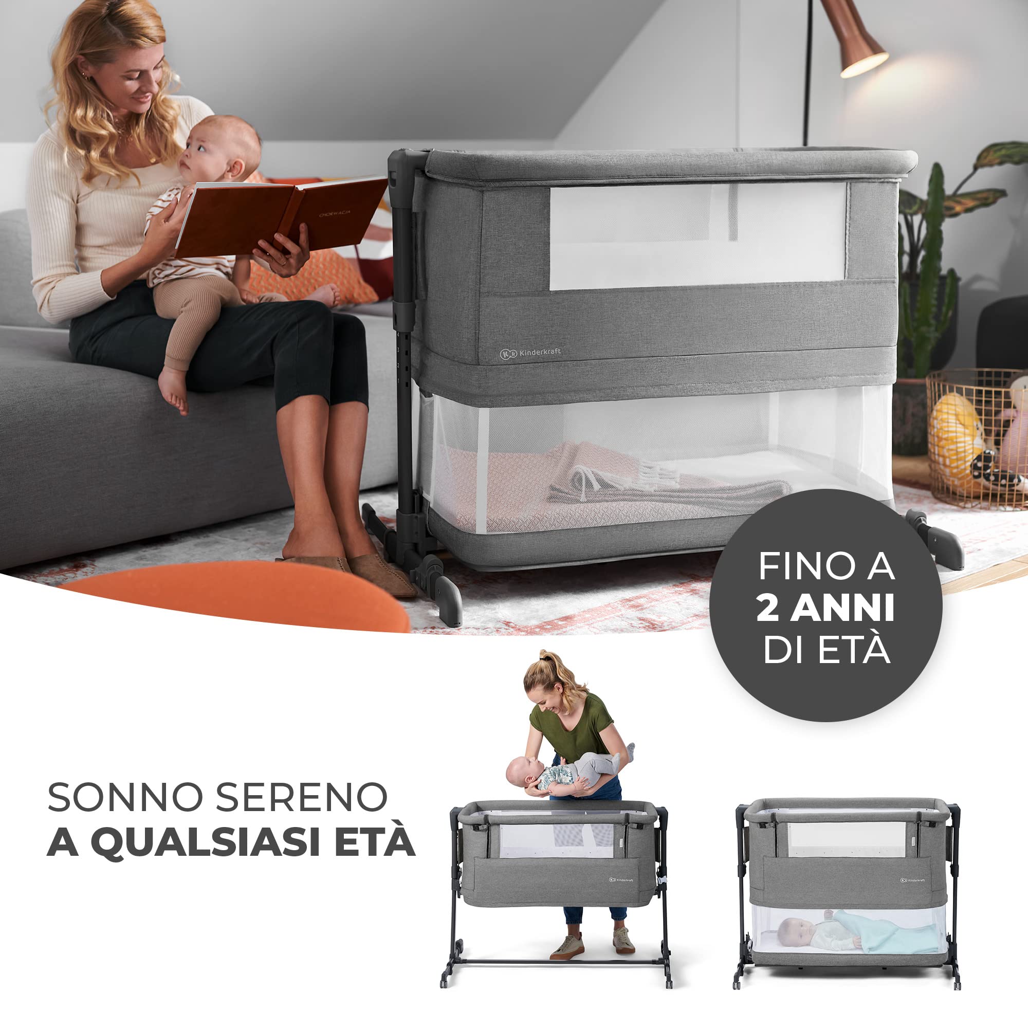kk Kinderkraft NESTE GROW Lettino neonato 3 in 1, Culla co-sleeping, con Materasso Borsa transporto, Altezza regolabile su 5 livelli, dalla nascita fino 2 anni, Grigio