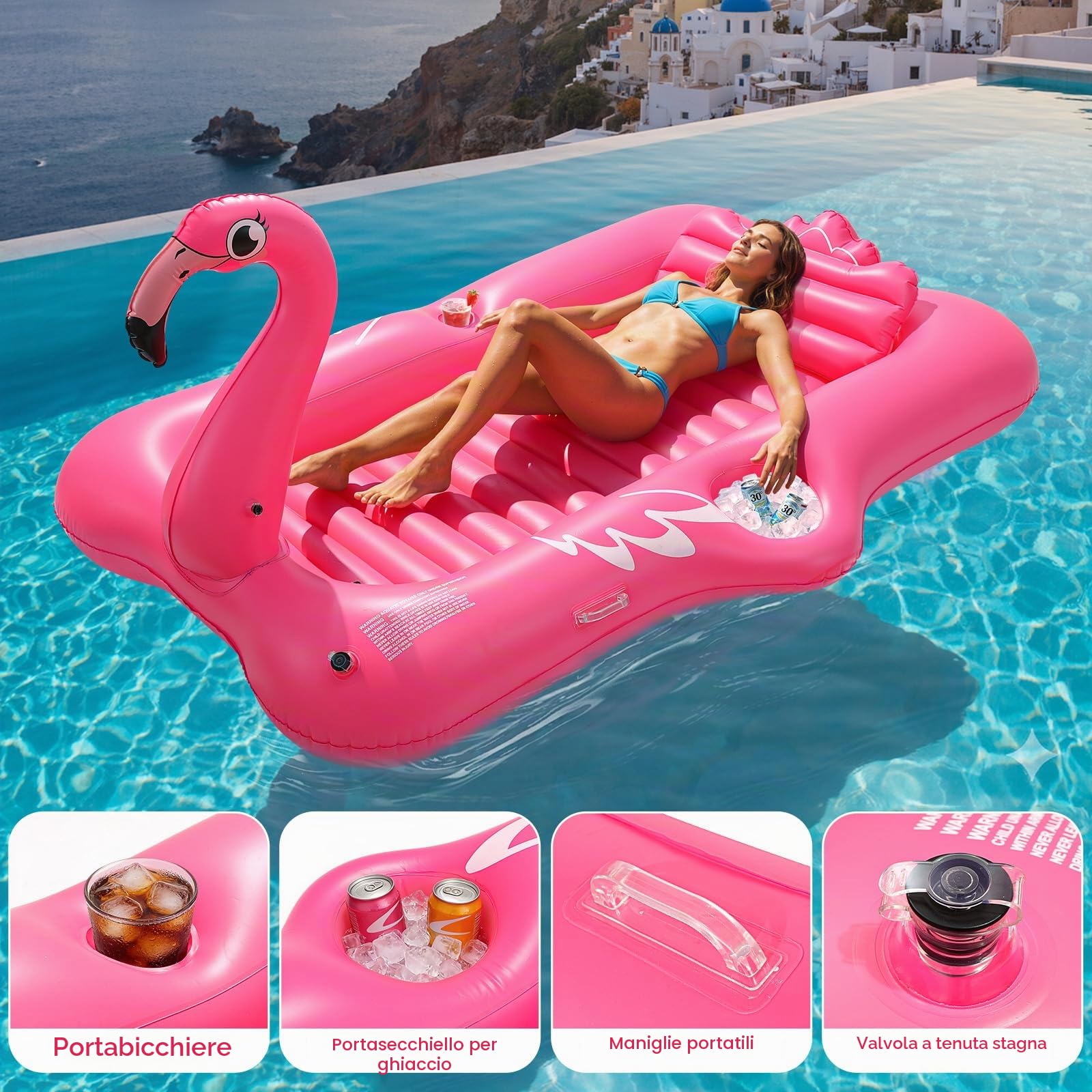 HeySplash Piscina Gonfiabile per Abbronzatura, Lettino Flamingo con Portabicchieri, Gonfiabili per Adulti, Materassino con Maniglie e Cuscino Staccabile per Spiaggia ed Estate (210x128 cm)