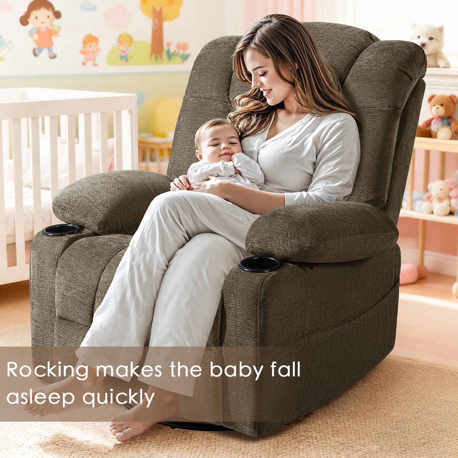 Manual Recliner Gliders for Nursery, Chenille Swivel Rocker Recliner Chair, Comfy Upholstered Living Room Reclining Rocking Chairs with Heat and Massage (Brown, 30"x30"x40")