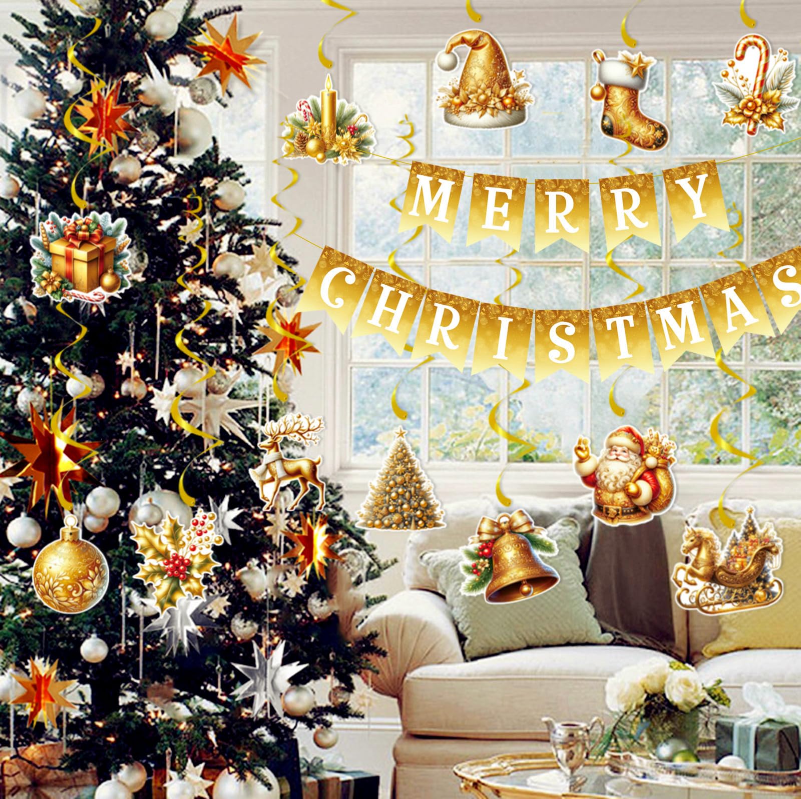 Christmas Decoration With Merry Bunting Banners, 12pcs Hanging Foil Streamers Swirls for Ceiling Winter Holiday - Image 4