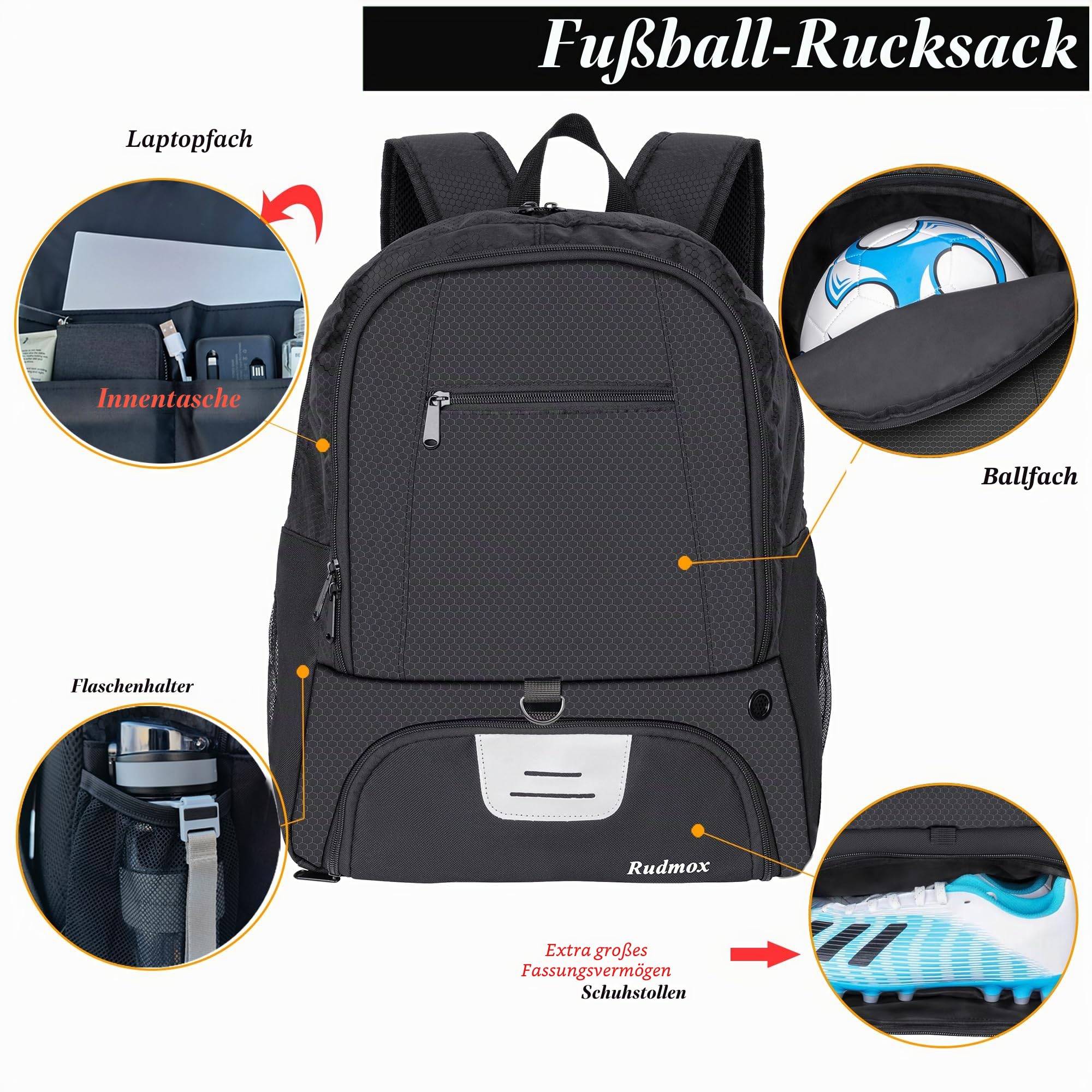 Fußballtasche-Rucksack für Basketball, Volleyball mit Stollenschuhen und Ballfach und innenliegende Laptoptasche für Reisen, Fitnessstudio, Wandern, Sportverein
