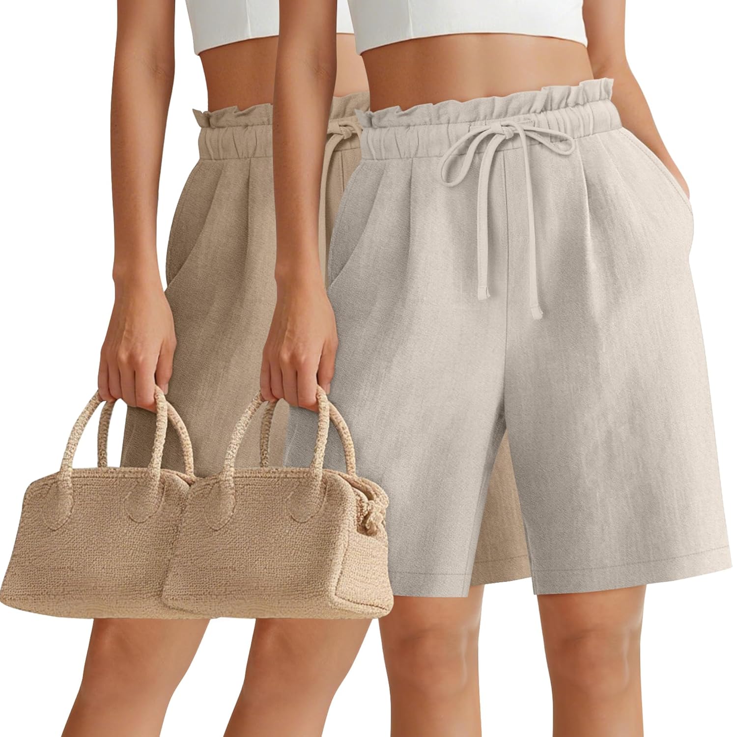 2 Pack Women's Linen Bermuda Shorts High Waist Wide Leg Summer Drawstring Mid Length Shorts with Pockets