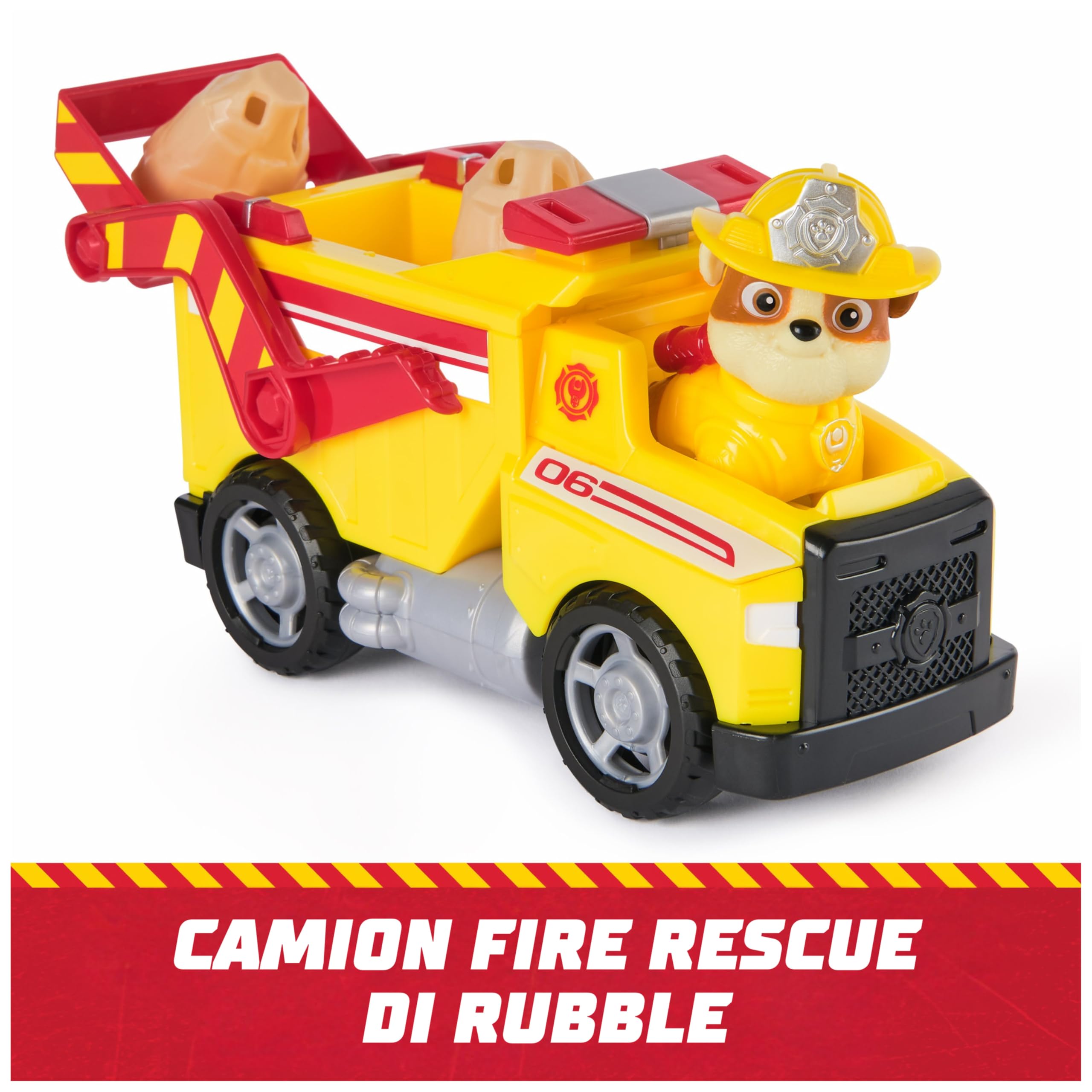 Paw Patrol Fire Rescue: Camion Ribaltabile Antincendio di Rubble con Personaggio, Proiettili e Camion Giocattolo, Giocattoli per Bambini e Bambine, 3+ Anni