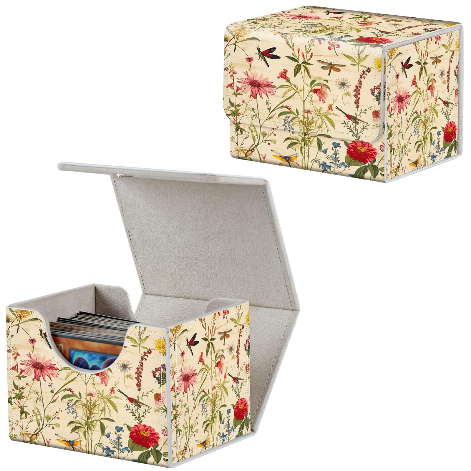 Qindaiwen Card Deck Box for MTG, Fits 100+ Single Sleeved Cards, PU Leather Trading Card Storage Box for TCG, CCG, MTG Cards, Strong Magnet Magic Gathering Deck Box, Dragonflies Wildflower