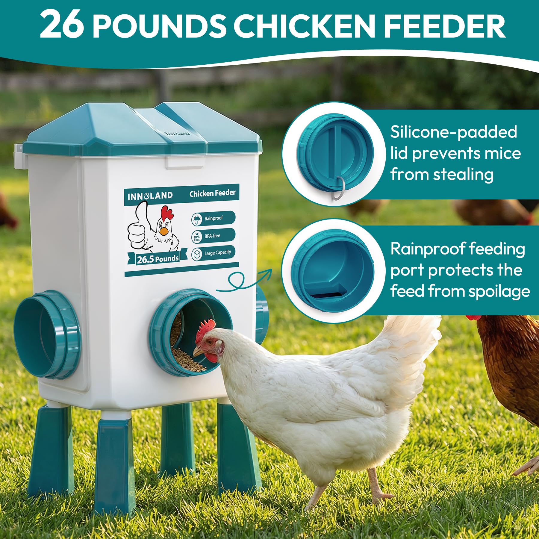 Futterautomat Hühner und Hühnertränke – 12 kg/11 L | Wassertränke Hühner mit 4 Bechern & 3 Futteröffnungen, Keine Verschwendung, Geflügeltränke, Hühnerzubehör für Enten/Geflügel