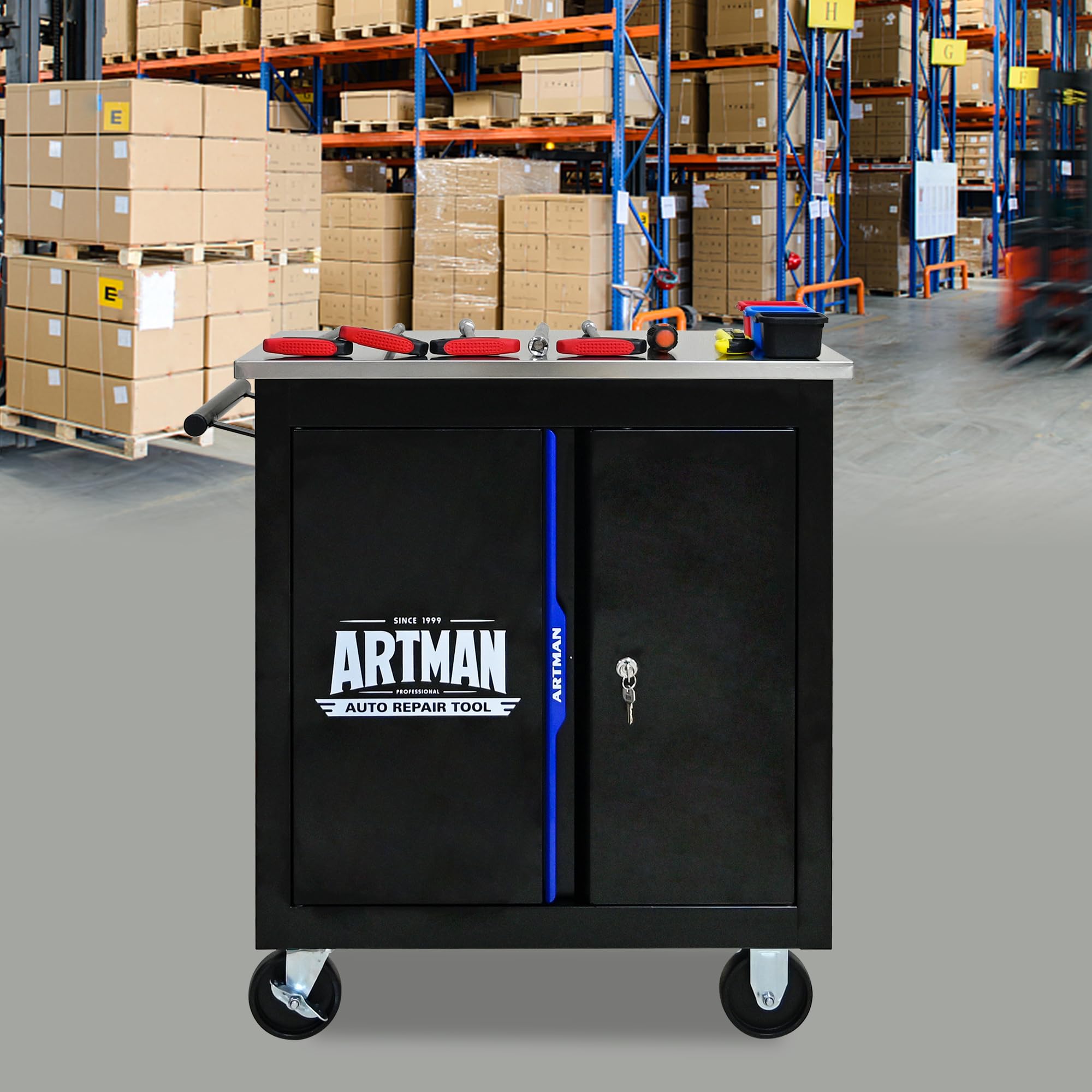 Nanberone Rolling Tool Chest - Lockable Tool Cart on Wheels with 2 Door 2 Shelf Clapboard | Multifunctional Tool Cabinets Metal Storage Cabine for Garage Warehouse DIY Multiple Interconnectable Black