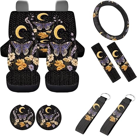 Moon Stars Butterfly Car Accessories for Women Front Back Seat Car Covers Set of 11 Aesthetic Car Accessories with Elastic Steering Wheel Cover Seatbelt Pads Cupholder Mat for Cars