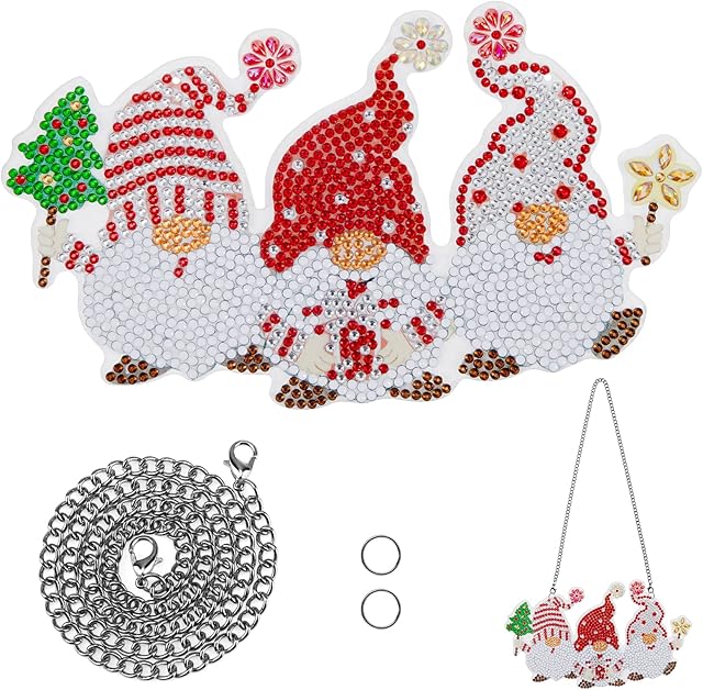 MWOOT DIY Christmas Diamond Pasted Painting Pendant, Gnome 5D Rhinestone Painting Hanging Ornaments with Chain, Special Shaped Full Drill Craft Art Pendant Kit for Beginners Porch Wall Hanging Decor