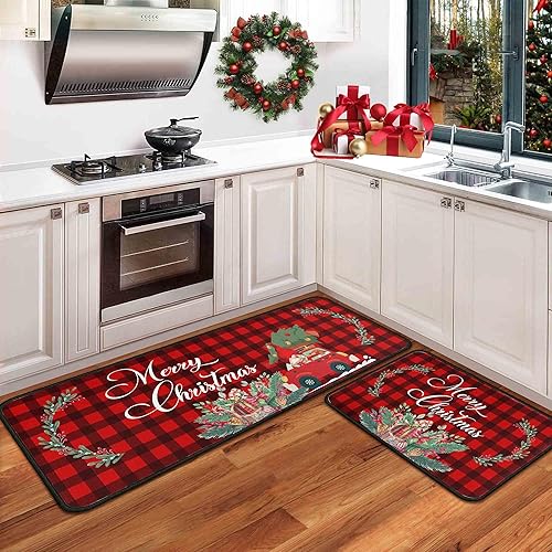 Juego de 2 alfombras y tapetes de cocina de Navidad, con respaldo antideslizante, decorativo, lavable, de 17 x 47.2 pulgadas + 17 x 30 pulgadas,