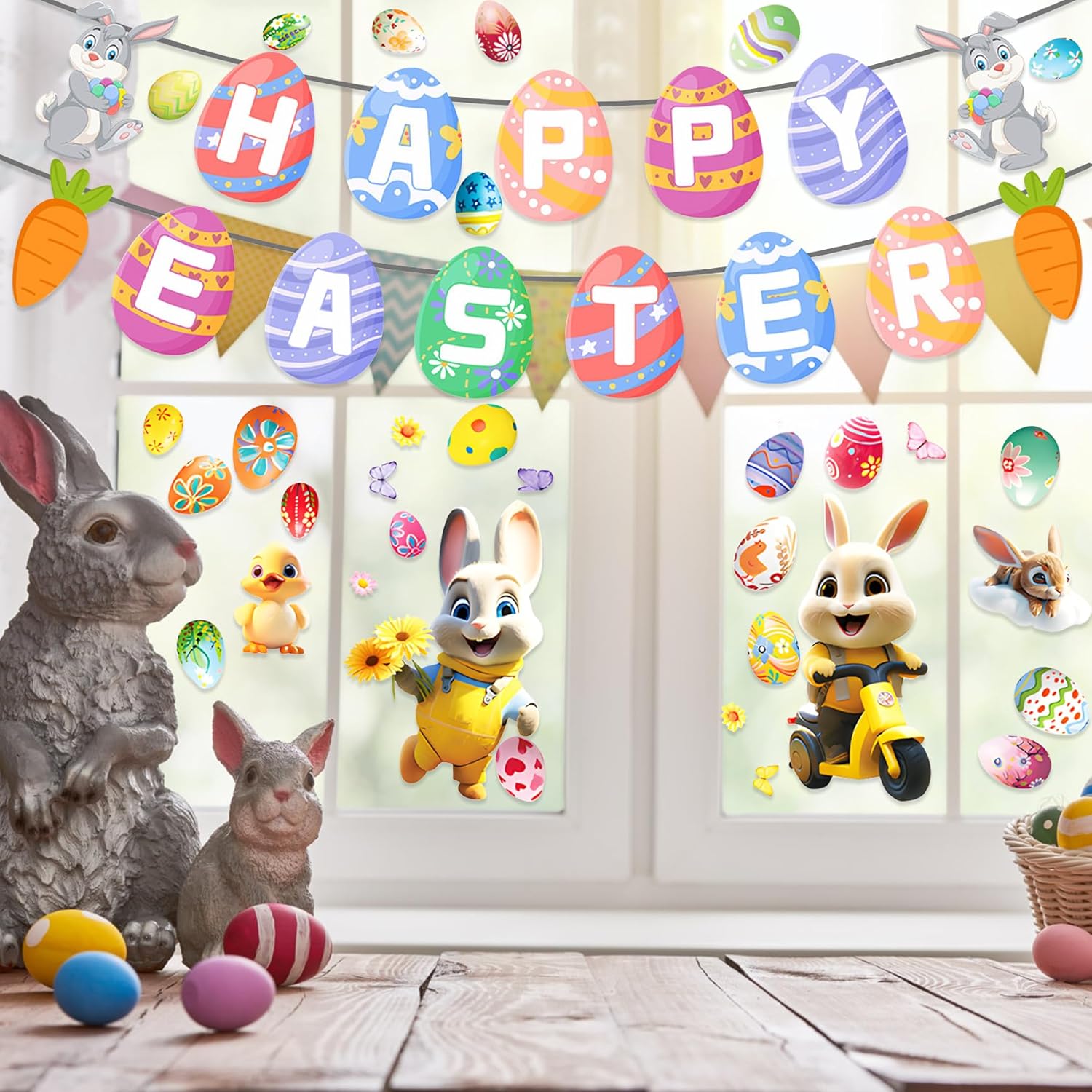 Easter Window Stickers & Happy Easter Banner, Easter Bunny Glass Stickers Easter Egg Bunny Bunting Garland for Easter Party Supplies