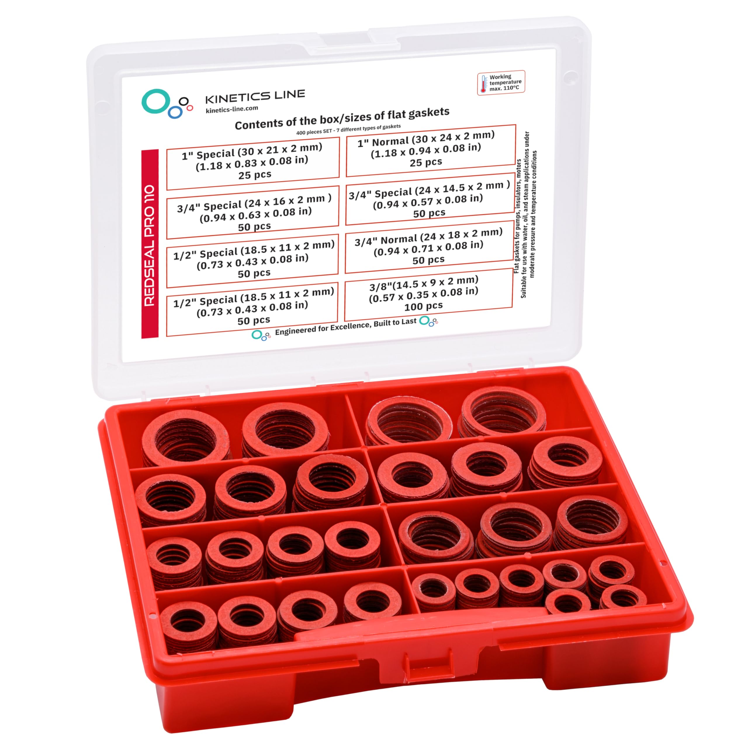 Caja de Juntas con 400 Juntas Planas de Fibra de Vulcanita 3/8–1 Pulgada – Juntas Rígidas y Estables para Bombas, Válvulas y Conexiones Roscadas – Hasta 110 °C