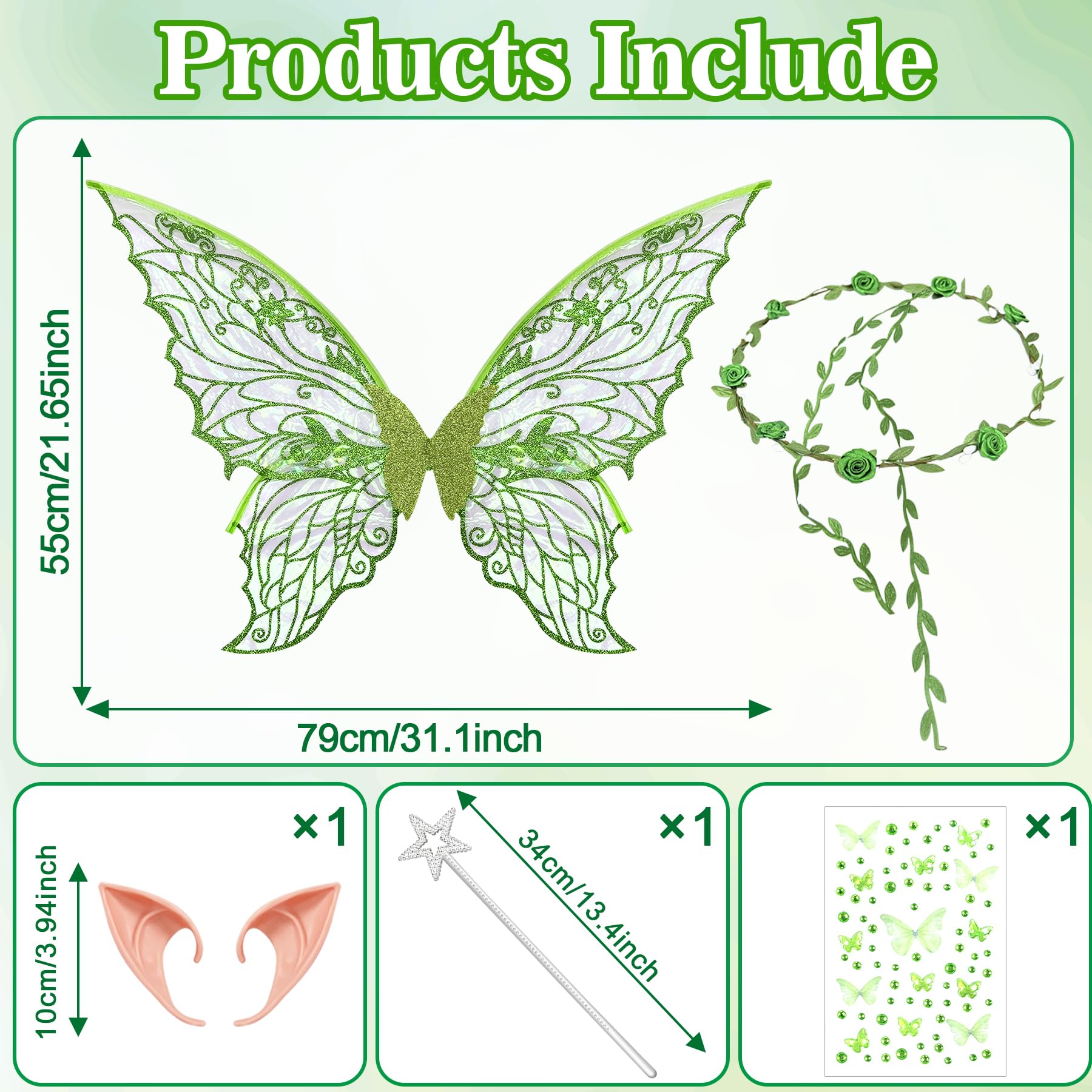 YeahBoom Children's fairy wings, butterfly wings with elf ears, fairy headband and star fairy wands, butterfly wings - Image 2
