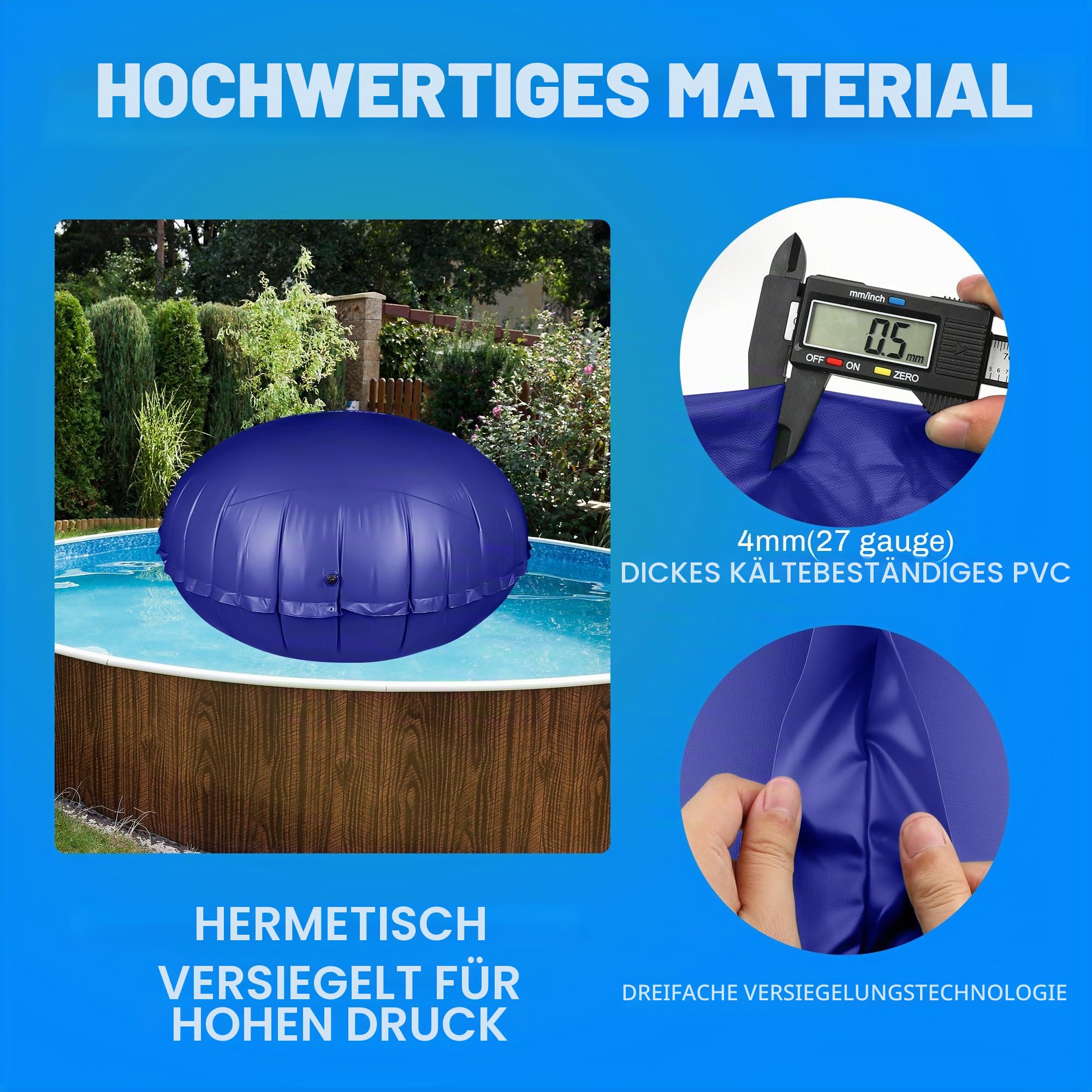 CACSPS Rundes Poolkissen für oberirdische Pools, 3 m Pool-Luftkissen zum Verschließen des Winterbeckens, Winterset für Bodenpool, 0,5 mm PVC-Material, 2 x 4,6 m Seil (blau)