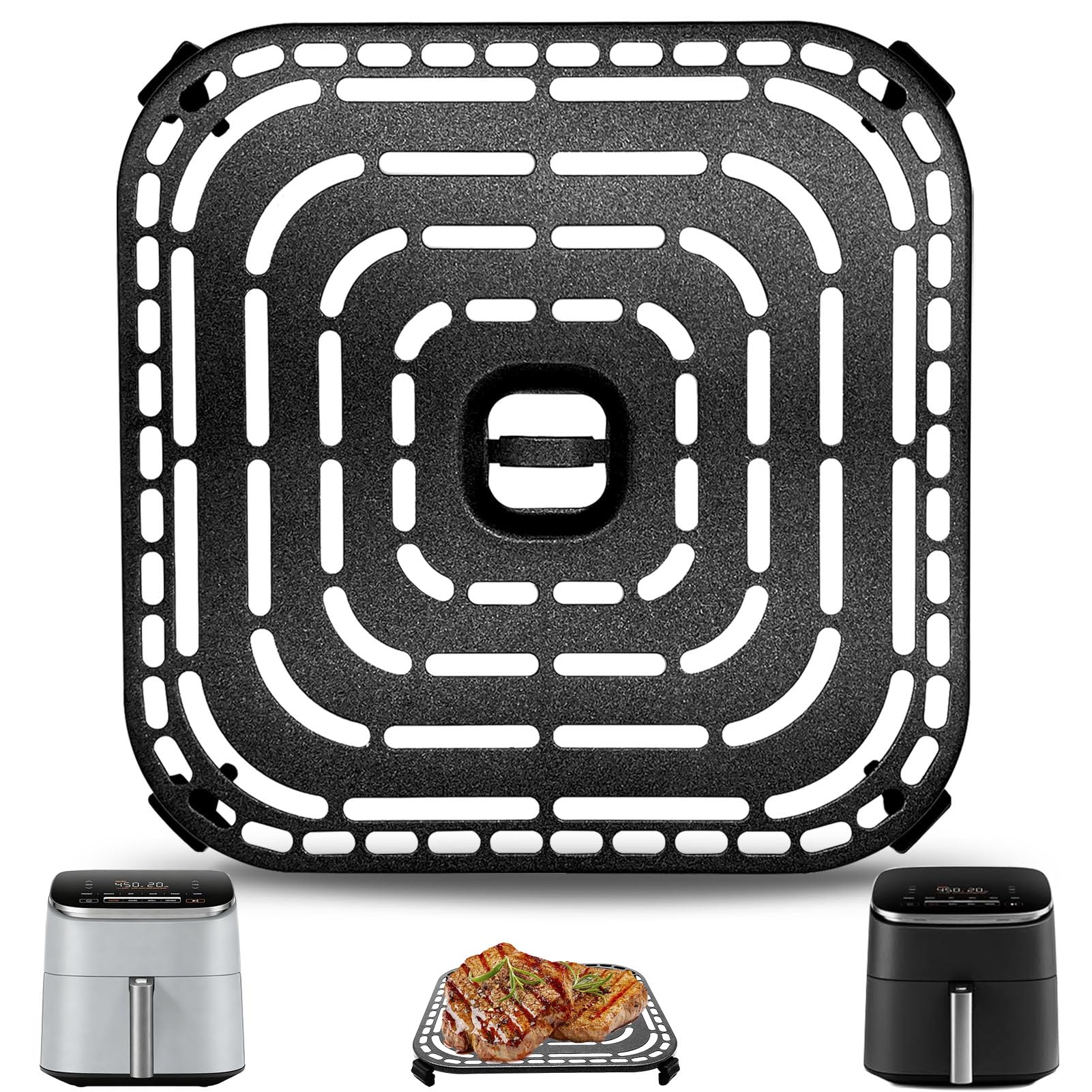 GWYXC Air Fryer Replacement for COSORI TurboBlaze 6L Air Fryer, Non-Stick 8.9" Square Air Fryer Accessories Crisper Tray Grill Pan Grill Plate with Rubber Bumpers for CAF-DC601-KUK, Dishwasher Safe