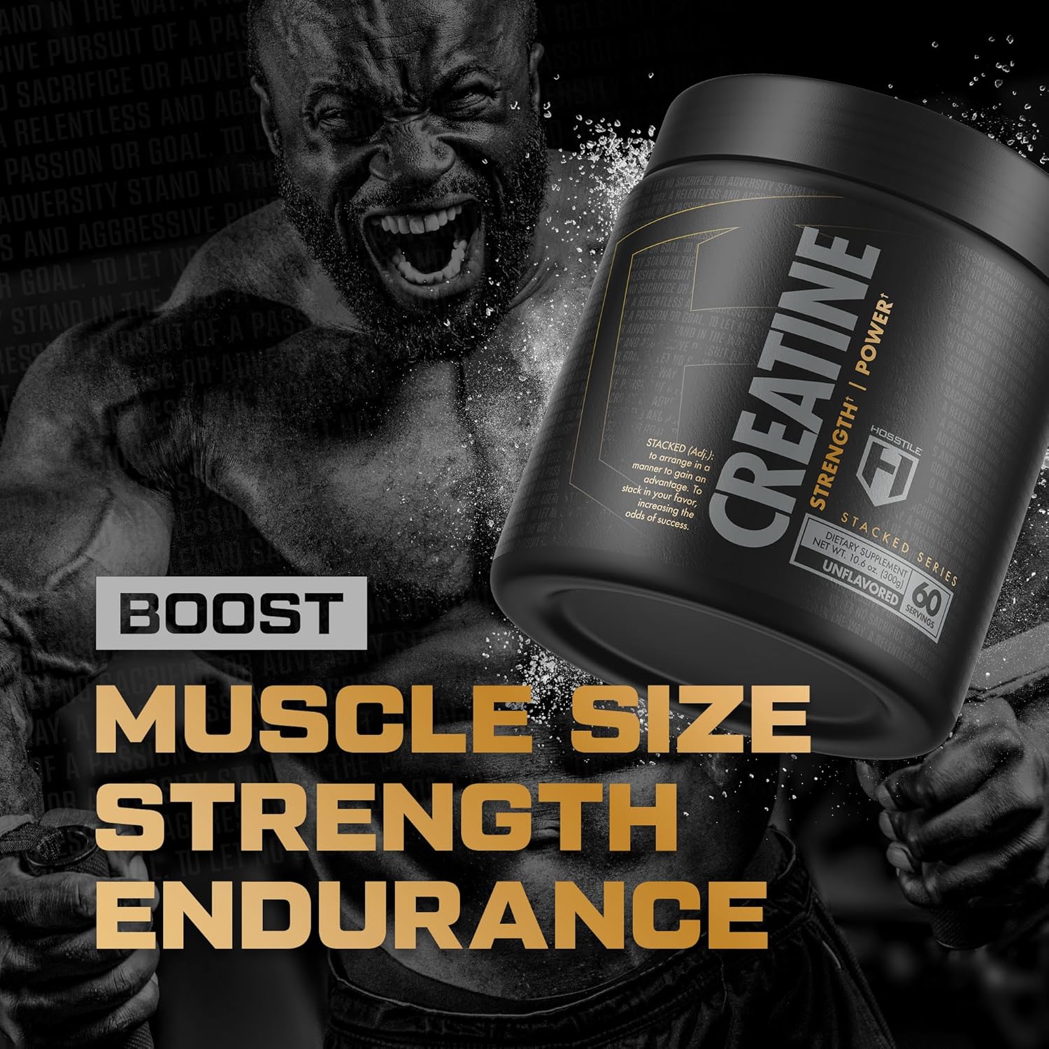 HOSSTILE Creatine Monohydrate Powder for Men & Women, Micronized, Improve Muscle Size, Strength & Power Output, Post Workout Recovery Drink, Unflavored, 60 Servings