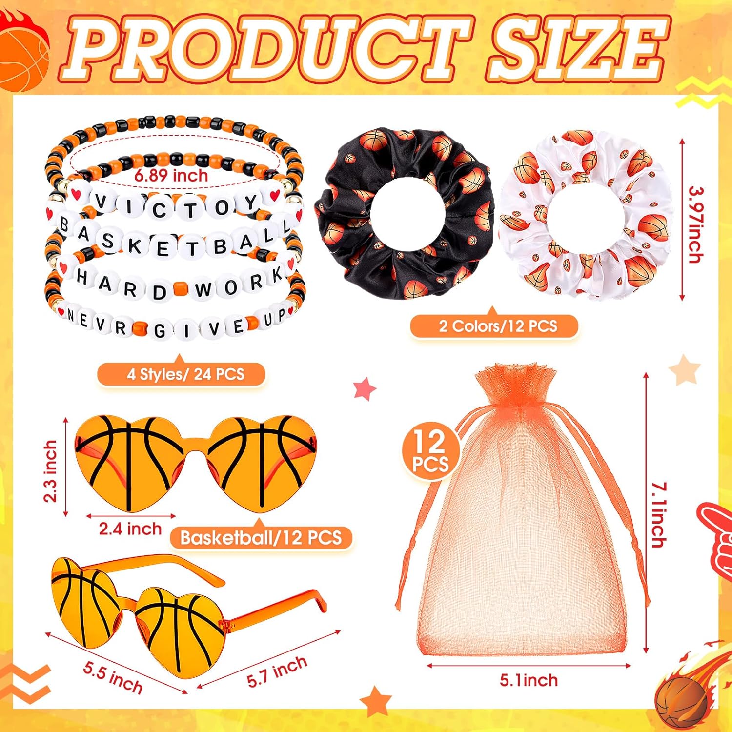 60 Pcs Basketball Team Gifts Bulk Friendship Bracelets Basketball Print Hair Scrunchies Heart Sunglasses Bag for Sports Gifts Tournament Birthday Party Decoration Women Cheerleader