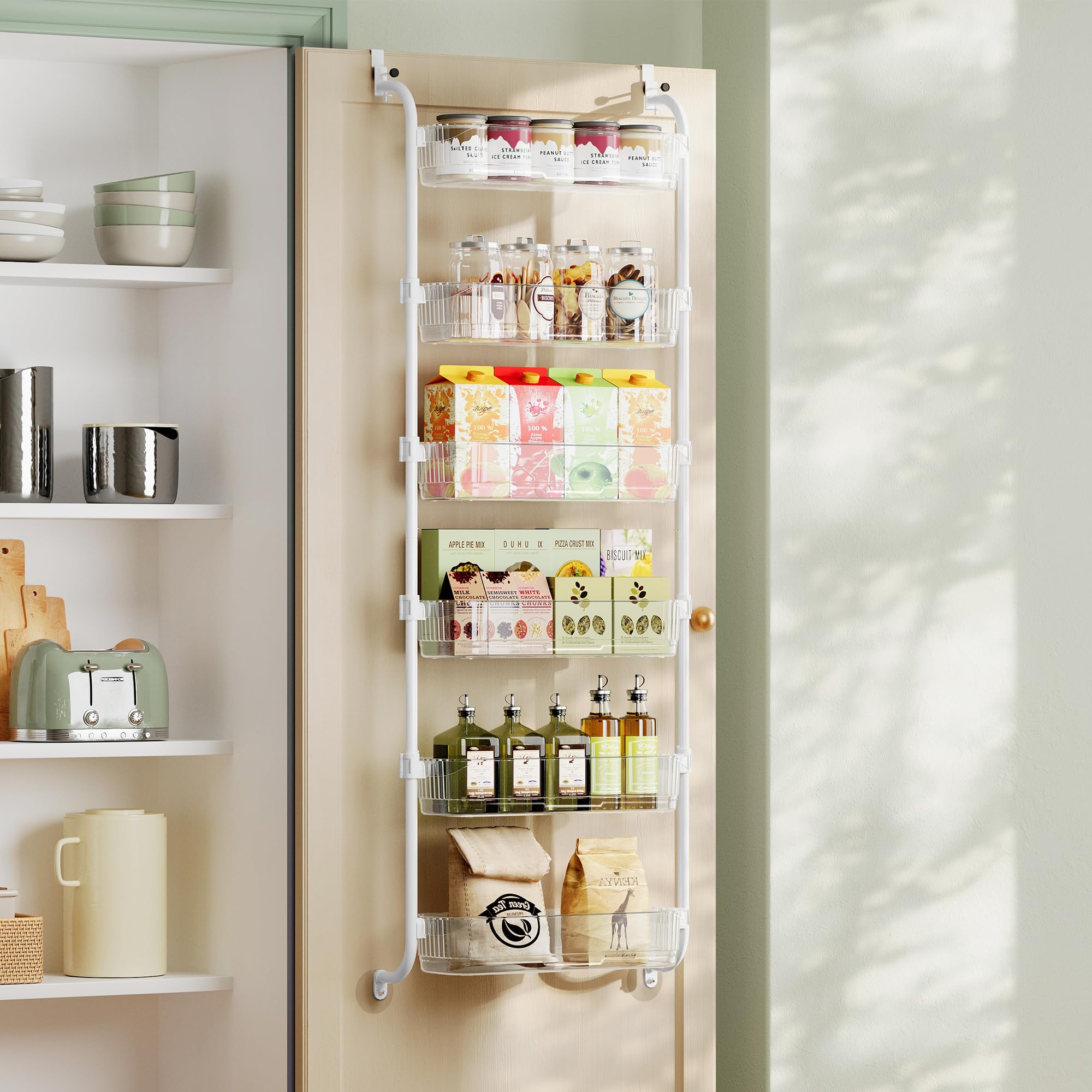 Songmics Transparent Over-The-Door Pantry Storage Organiser, 6-Tier Door-Hanging Spice Rack With Adjustable Tall Baskets, Space-Saving, For Kitchen Bedroom Bathroom Laundry Room, Kcs046wg01