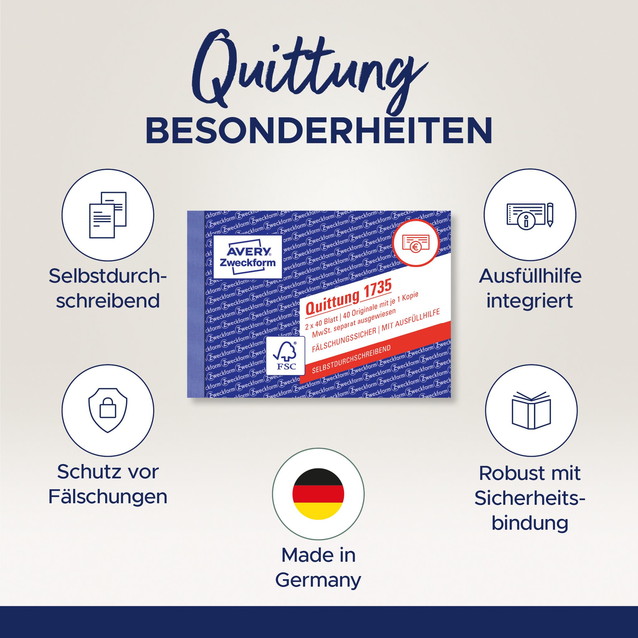 AVERY Zweckform 1735-10 Quittungsblock (A6 quer, 2x40 Blatt, mit Durchschlag, fälschungssicher, separat ausgewiesene MwSt., für Deutschland und Österreich) 10er-Pack, weiß/gelb