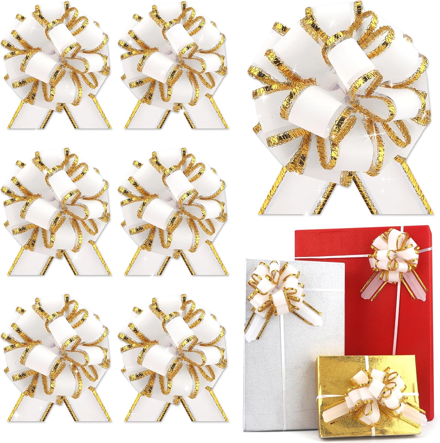 6 pcs White Gift Bow Pull Bows for Gift Warpping Christmas Party Birthday Wedding Metallic Bows for Present Bikes Anniversary Boxes Flower Decorations Valentine's Day (White-DD)